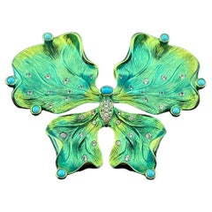 Green and Turquoise Titanium Butterfly Statement Brooch With White Sapphires