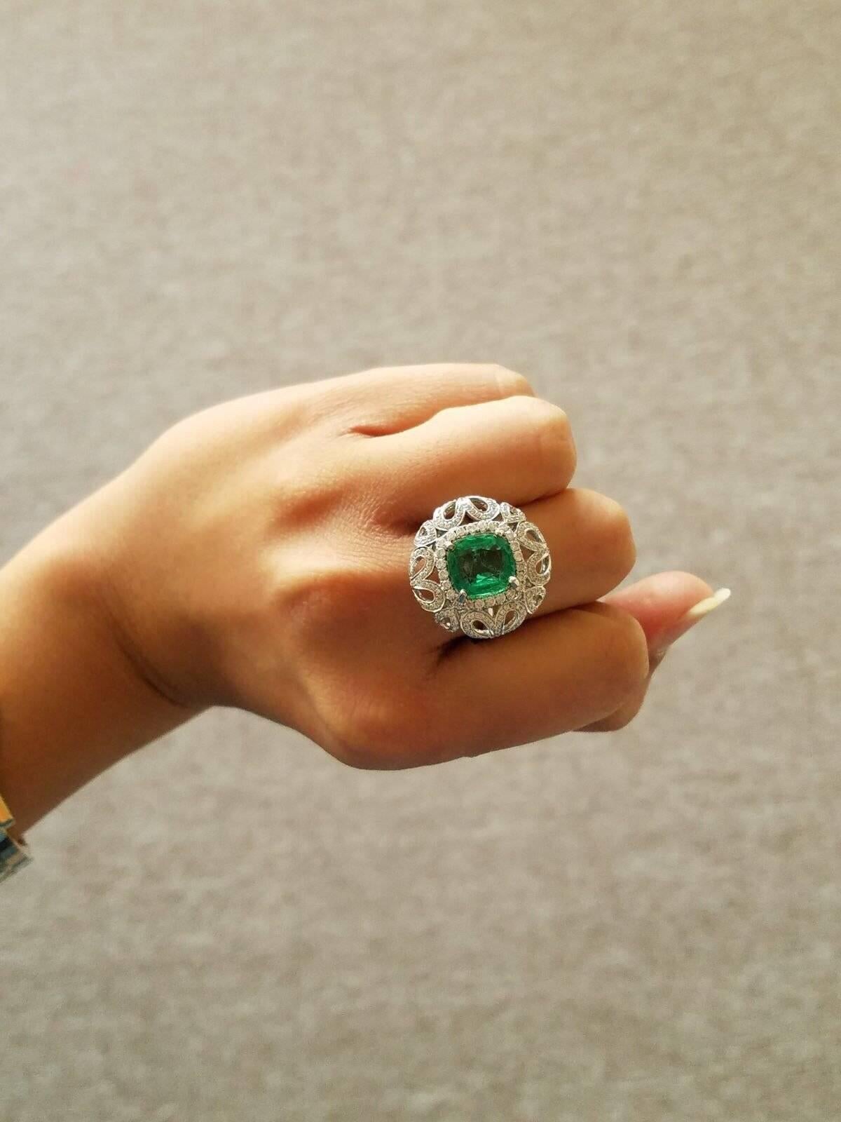 Art Deco Cushion Cut Zambian Emerald and Diamond Cocktail Ring For Sale