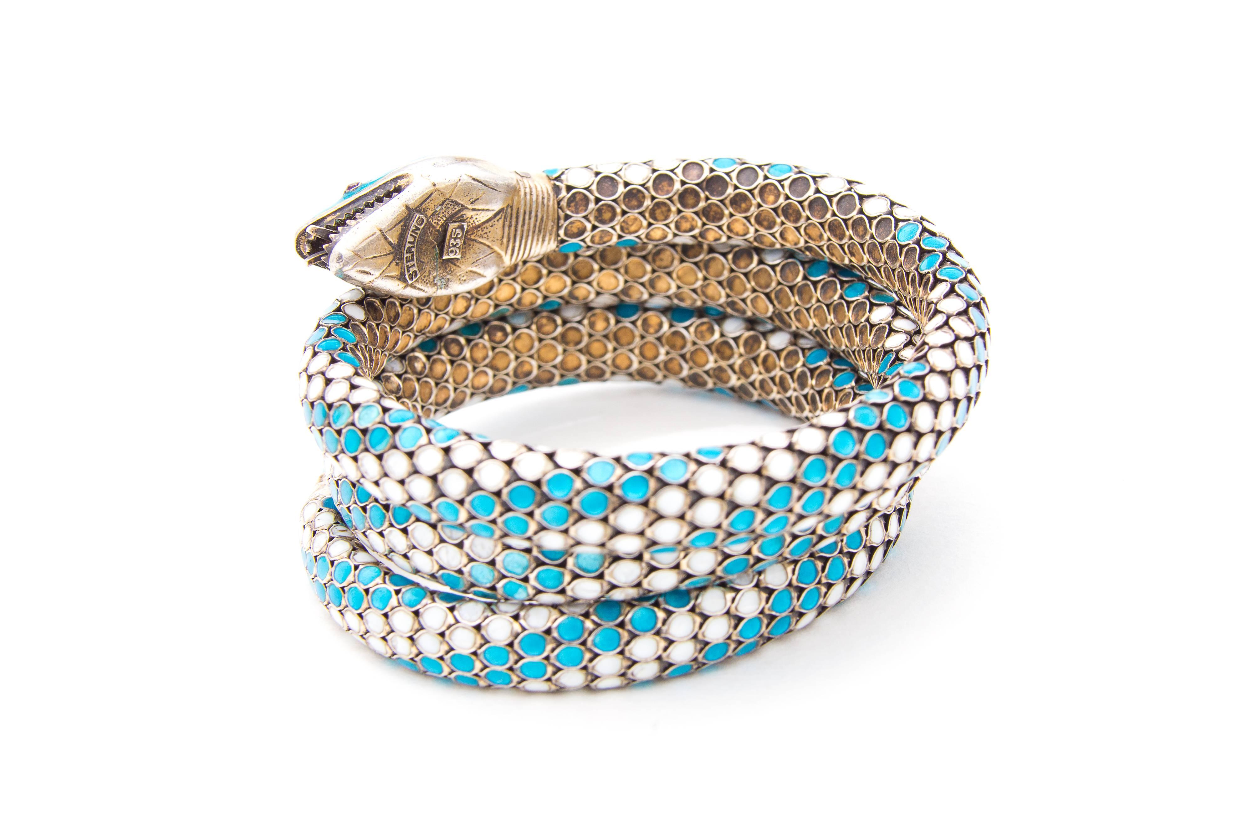 A Prussian Silver and Cloisonne Enamel Flexible Snake or Serpent Bracelet. Sprung / Articulated coil. Dates from 1900-1930. Stamped 935 Sterling, denoting destined for export markets when Sterling was becoming recognised as the global standard for