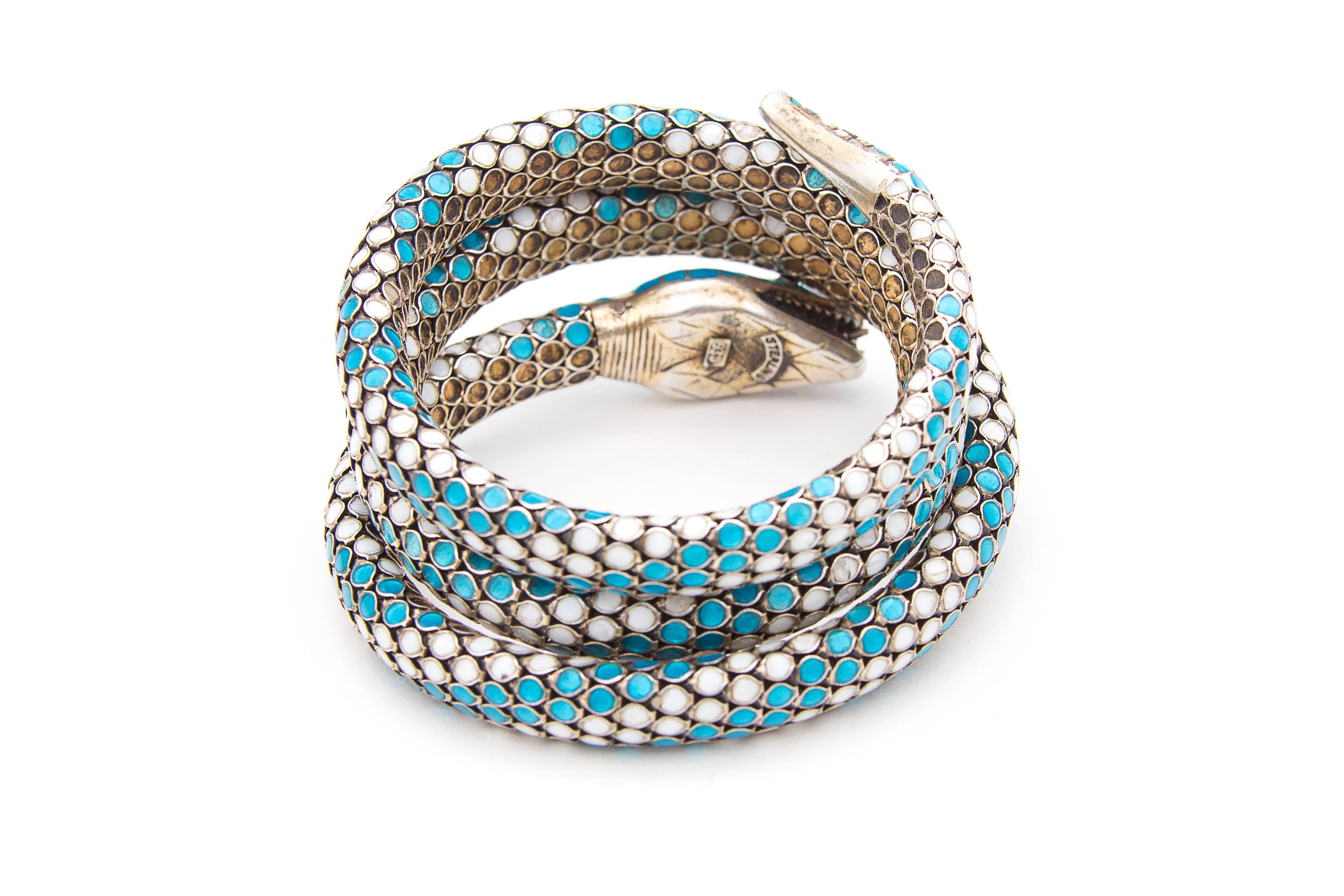 Egyptian Revival Prussian Art Deco Silver and Cloisonné Enamel Flexible Snake or Serpent Bracelet