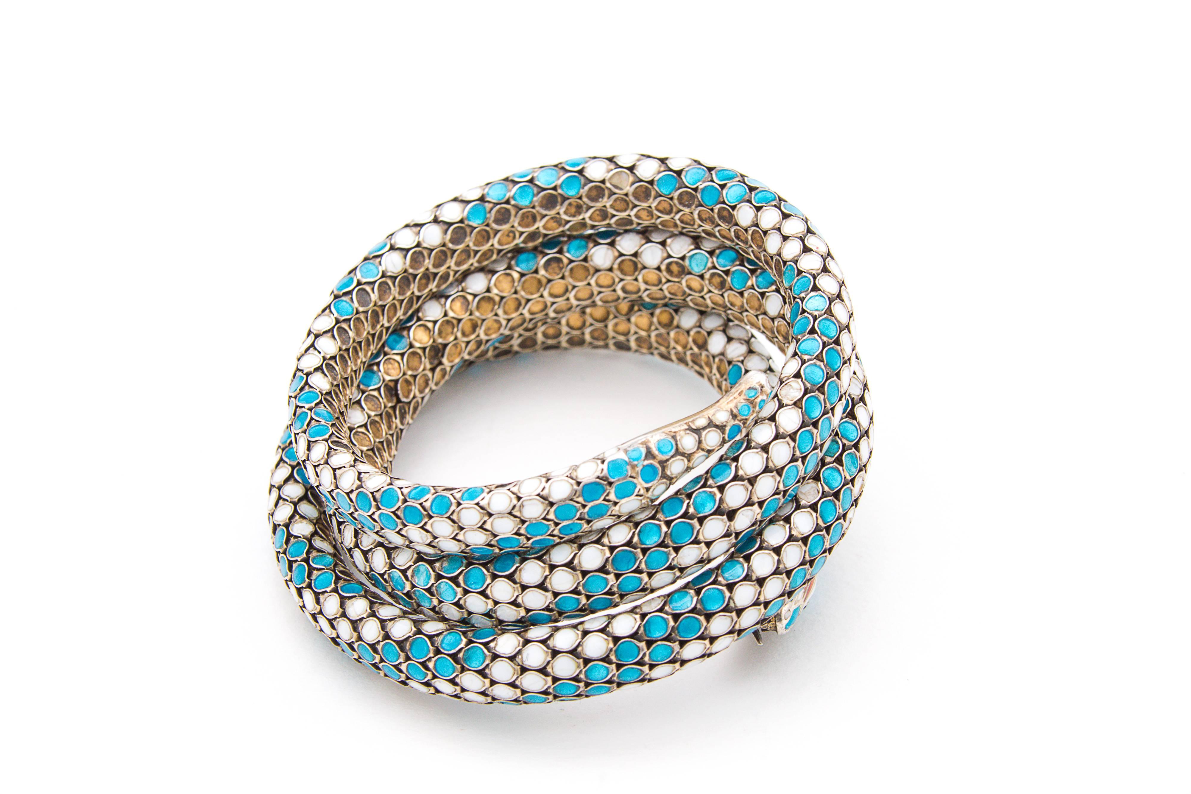 Women's Prussian Art Deco Silver and Cloisonné Enamel Flexible Snake or Serpent Bracelet