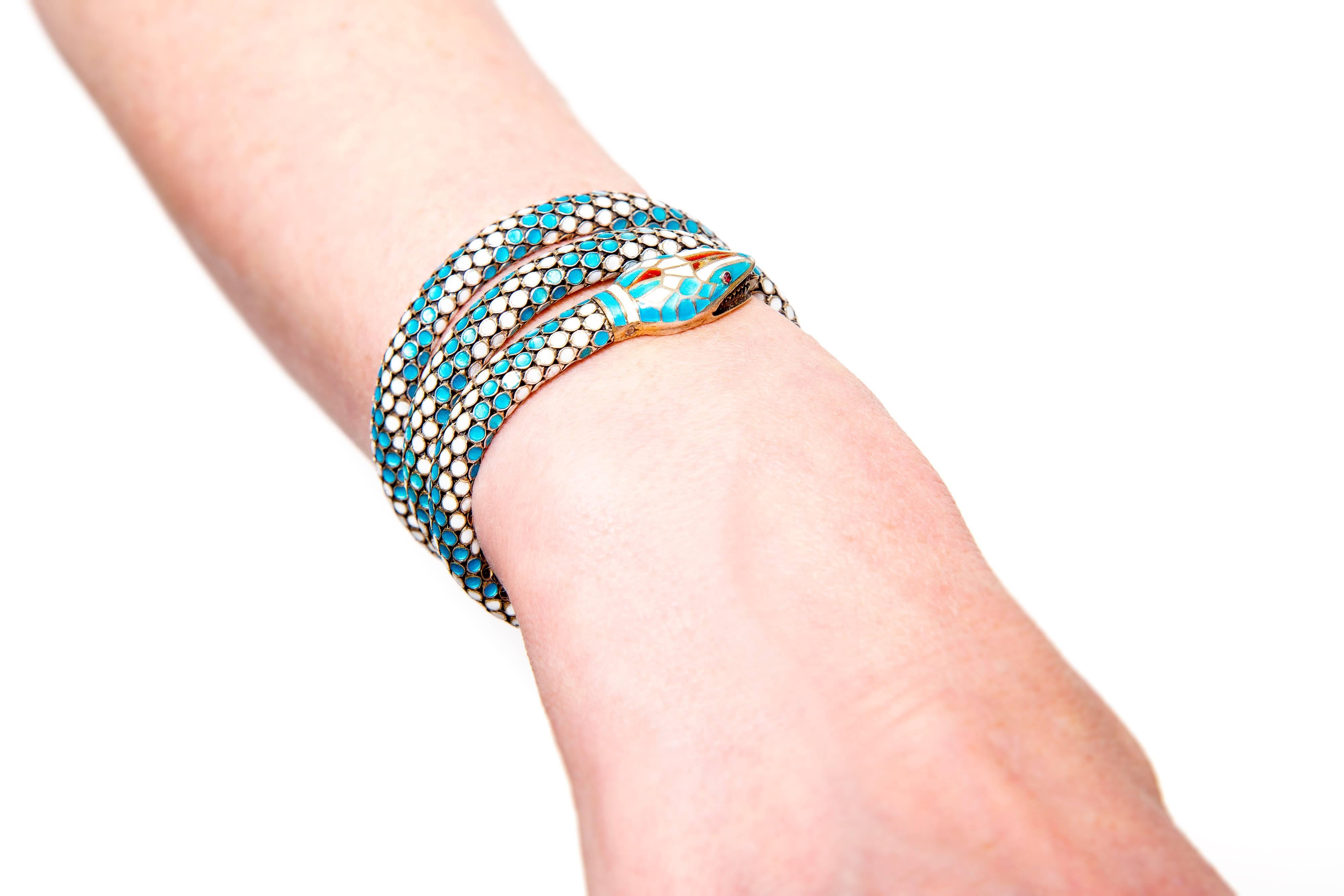 Prussian Art Deco Silver and Cloisonné Enamel Flexible Snake or Serpent Bracelet In Good Condition In Dorset, GB