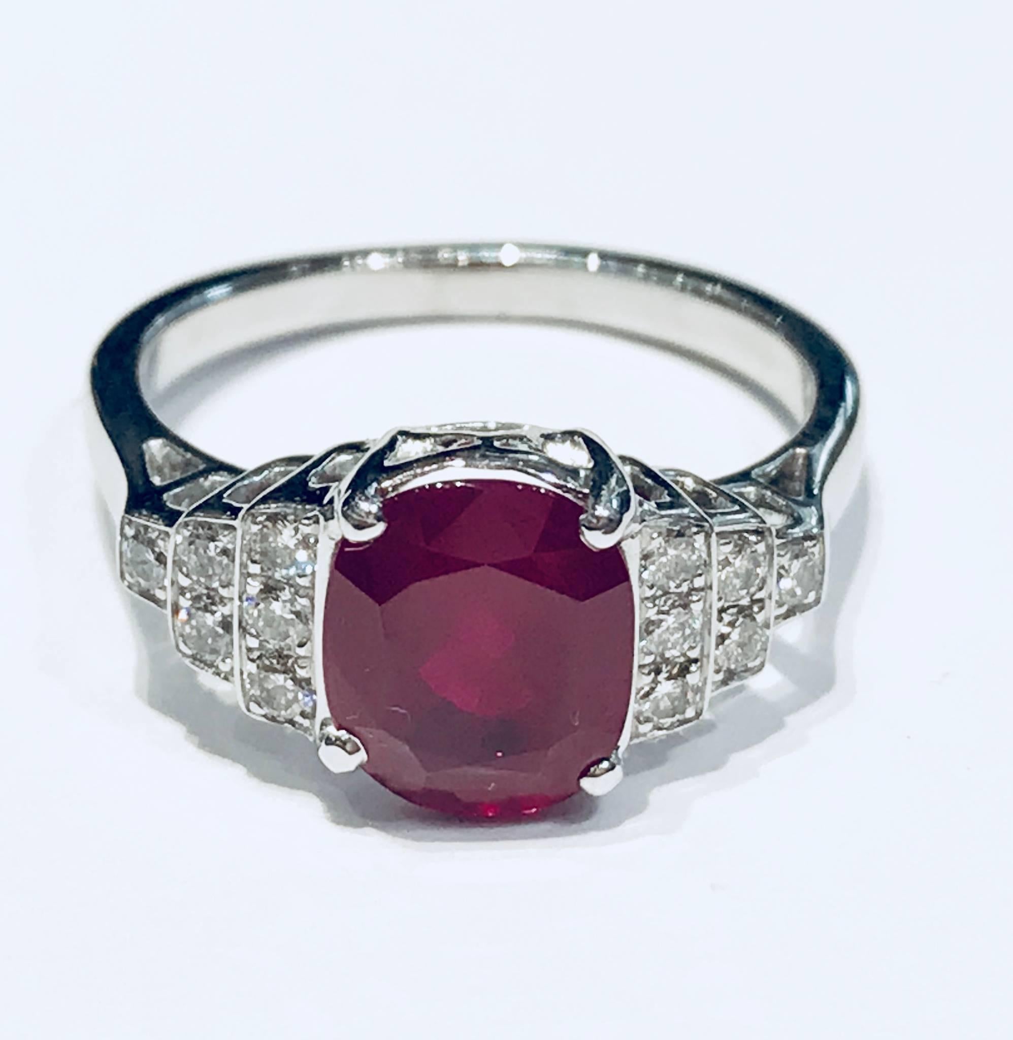 Cushion Cut Andeole Ruby and Diamond Ring For Sale