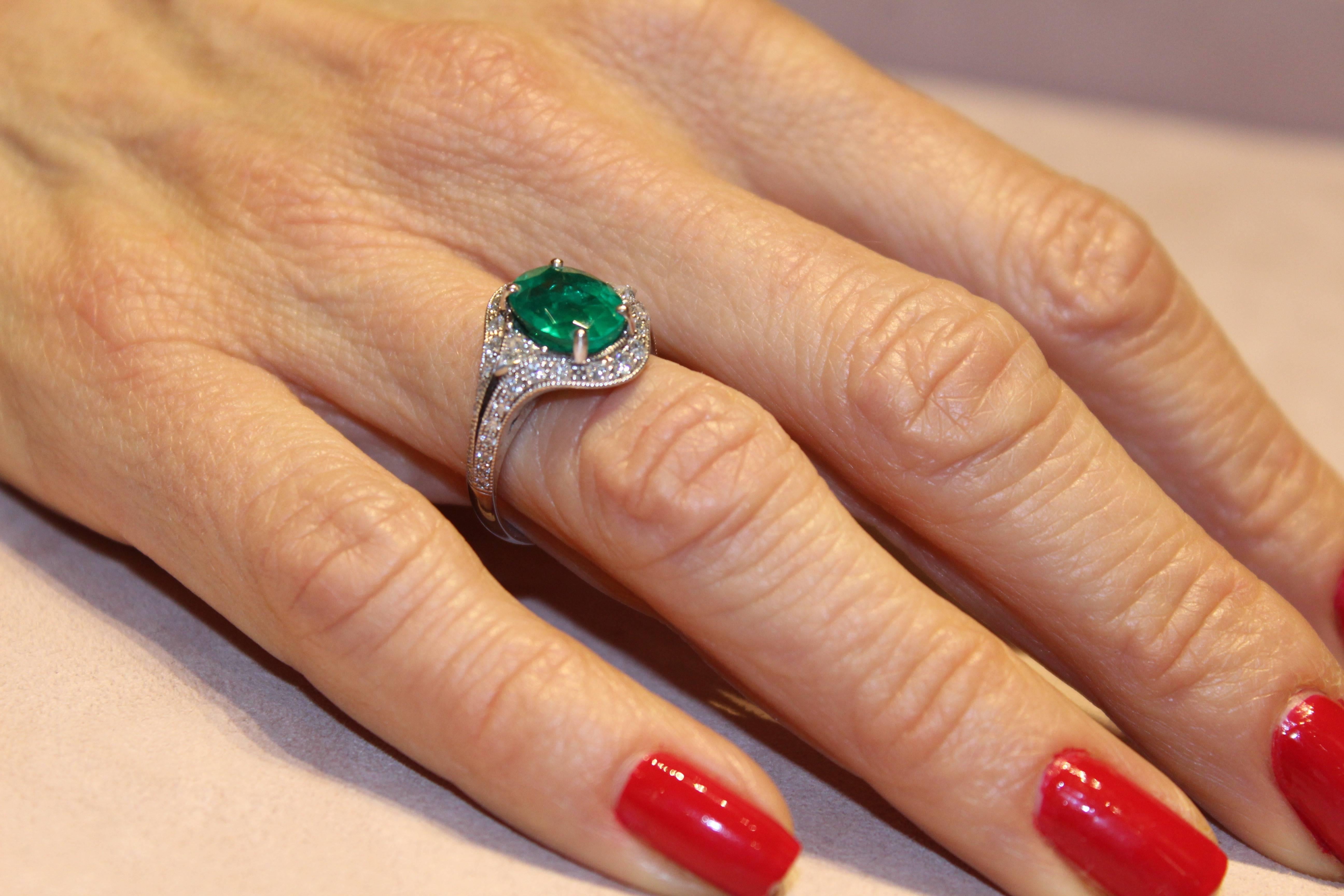 2.53 Carat Emerald Art Deco Diamond Ring by Valerie Danenberg For Sale 2