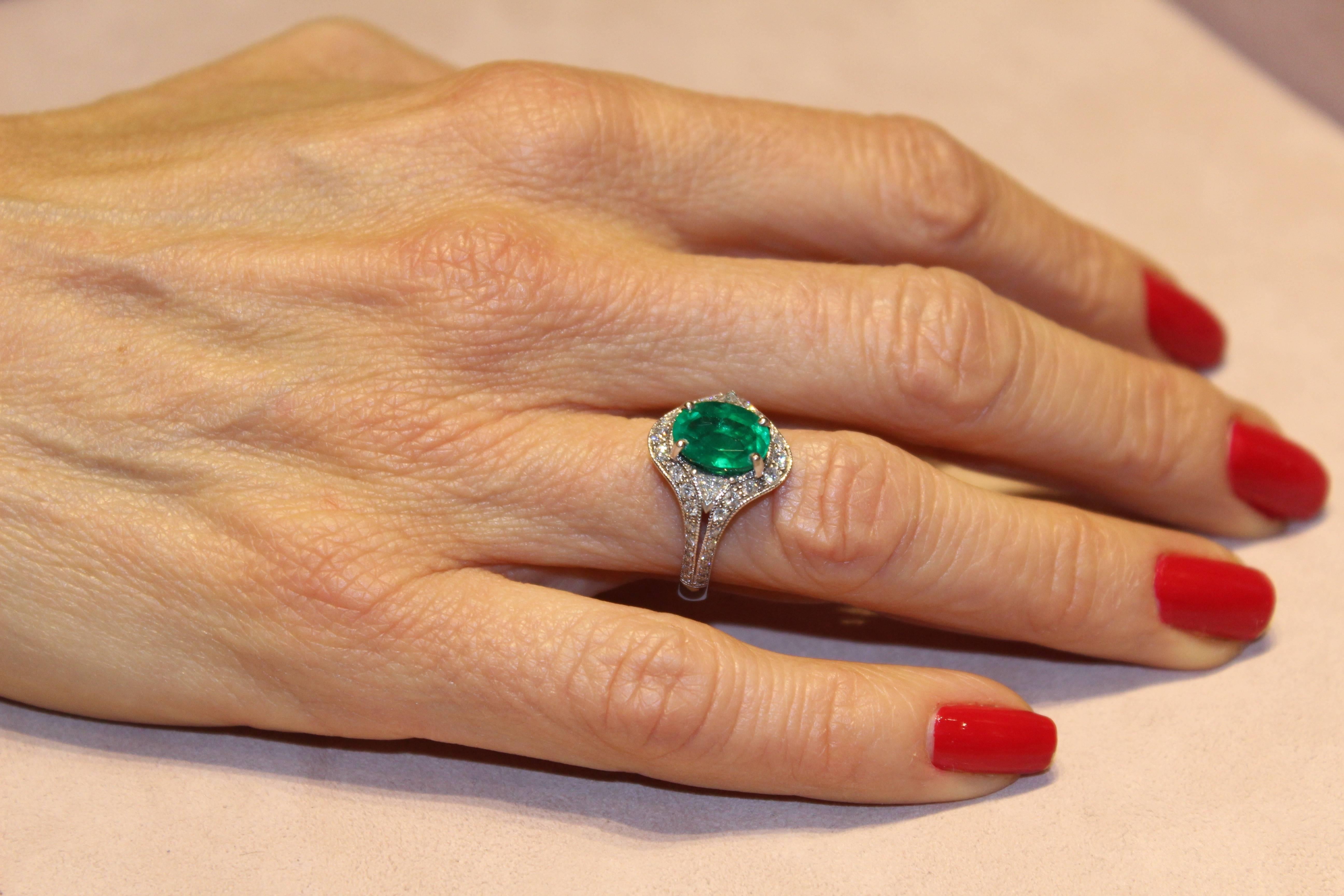 2.53 Carat Emerald Art Deco Diamond Ring by Valerie Danenberg For Sale 3