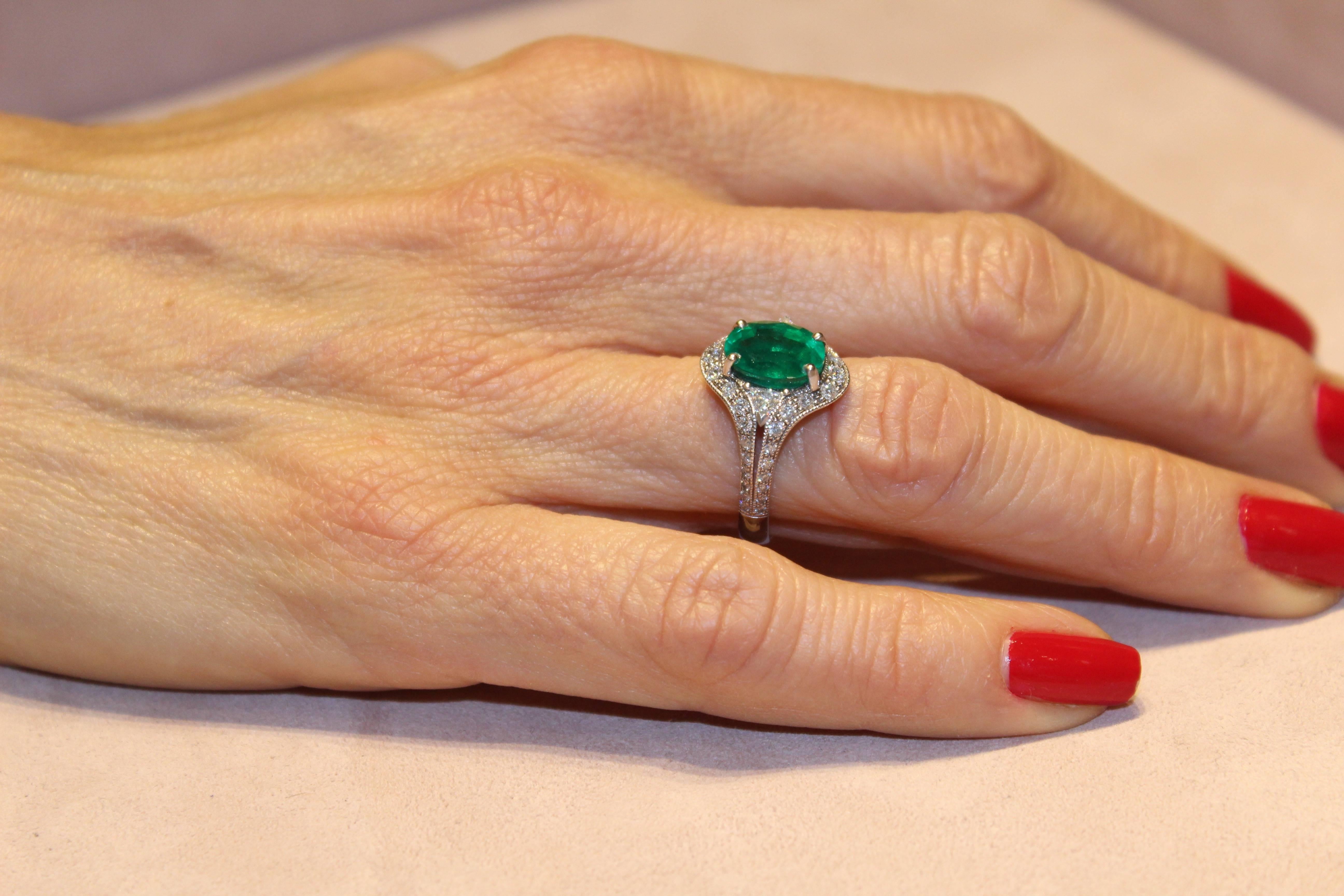 2.53 Carat Emerald Art Deco Diamond Ring by Valerie Danenberg For Sale 1