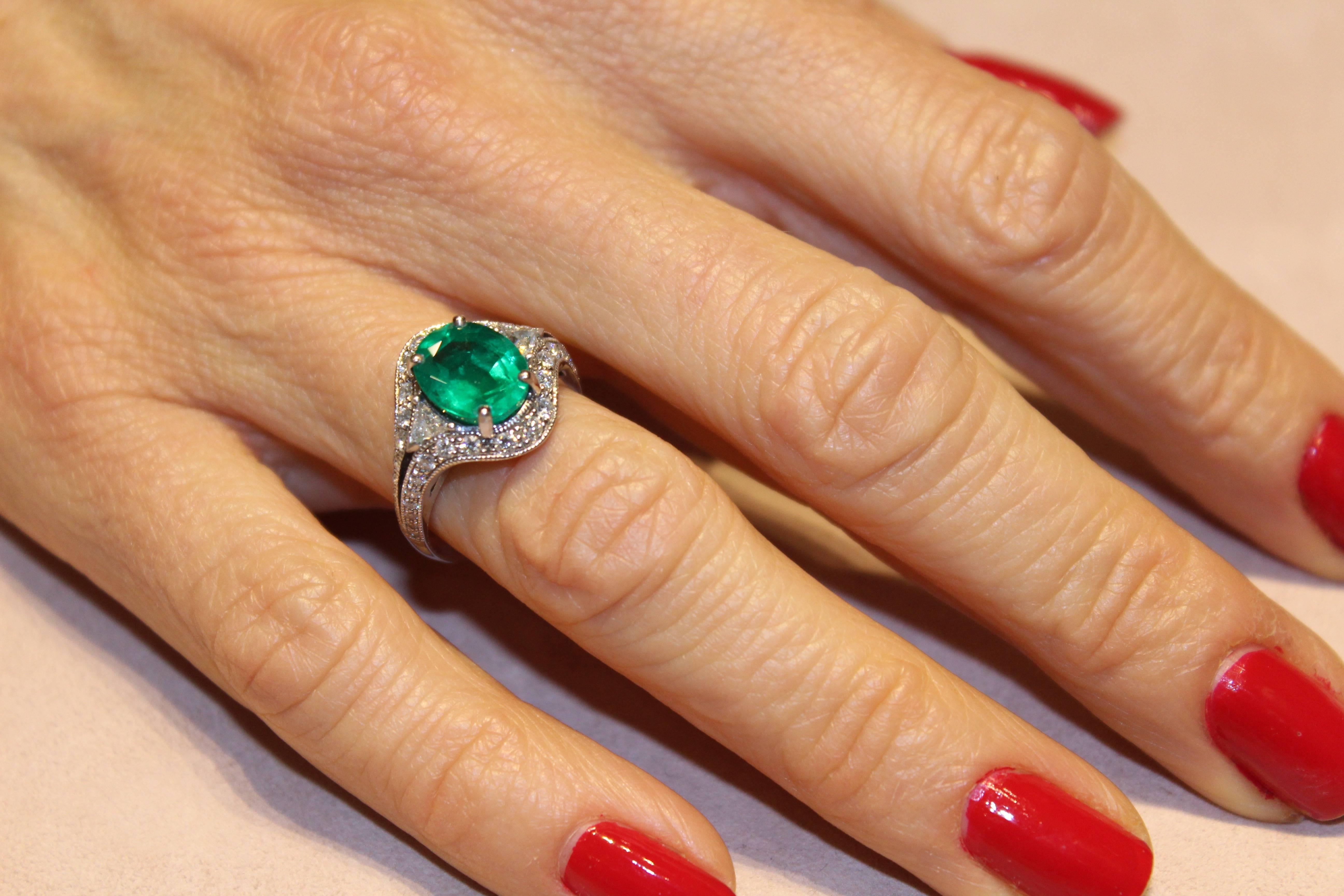 The 'Grace' ring is in 18 carat white gold and is  set with a central 2.53 carat Emerald in an Art Déco style enhanced by 2 triangle shape diamonds and pavé with a total of 0.74 carats

As a familly tradition,
Valerie Danenberg is a jewelry designer