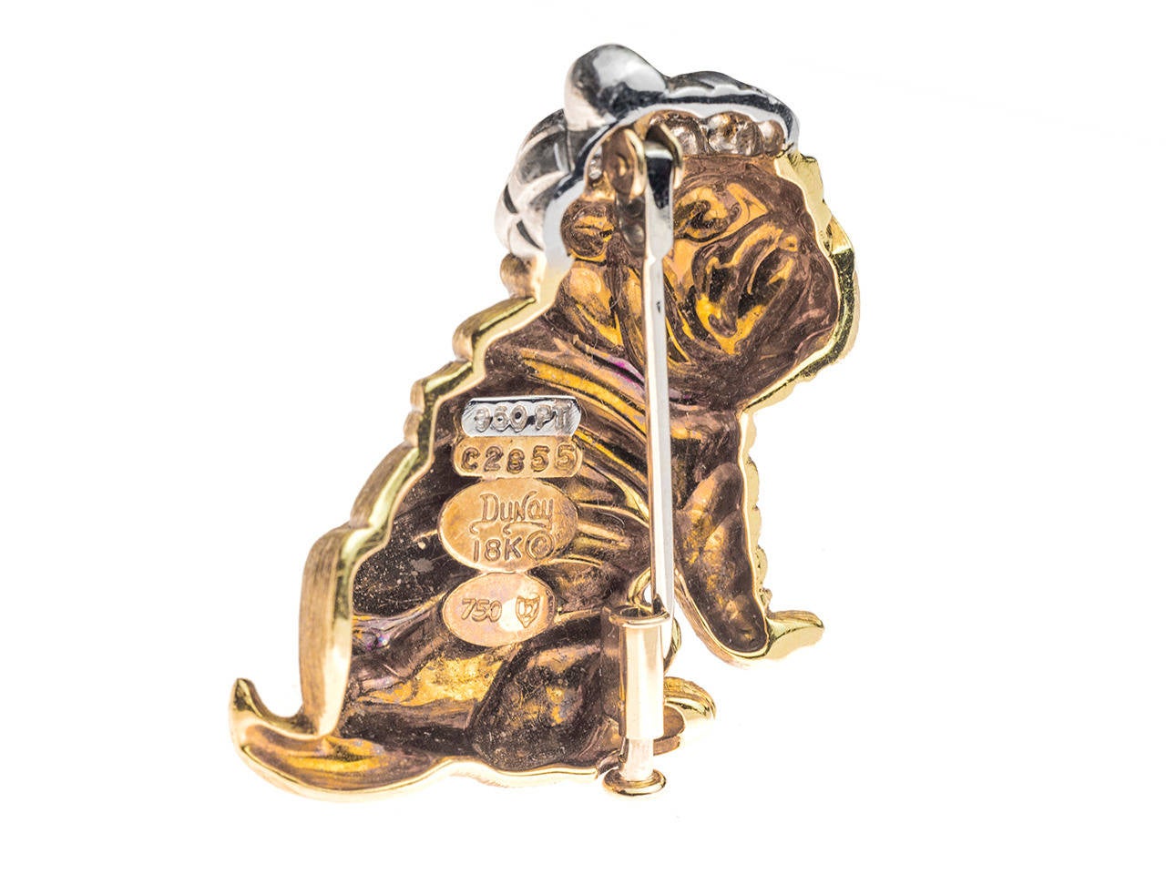 18 karat yellow gold  and platinum pin depicting a Sharpei dog wearing a Chinese hat. Signed DUNAY 18K 750 C2855  950 PT.