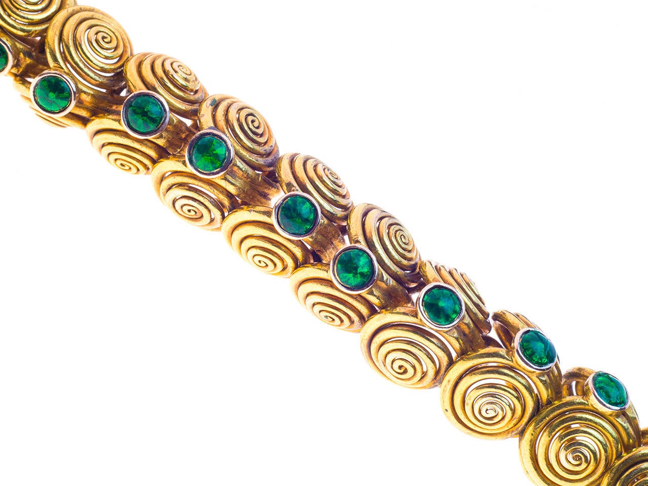 Gold stylized snake bracelet, consisting of scroll shaped links, topped with green guilloche enamel. The clasp and tail are guilloched with Pearl collars.