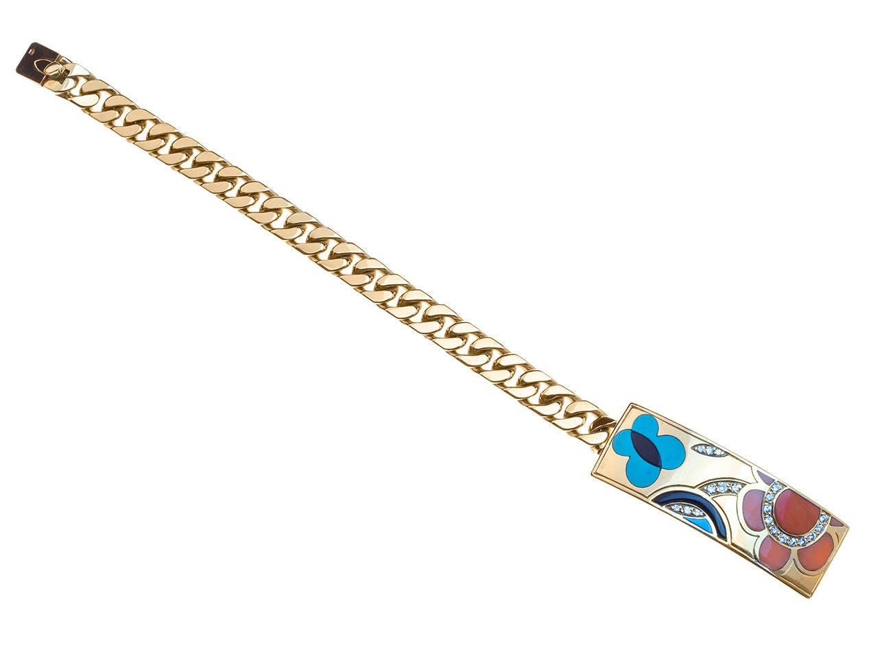 18 karat gold I. D. bracelet, set with Coral Turquoise, Onyx, and diamonds.. Signed BULGARI P112.