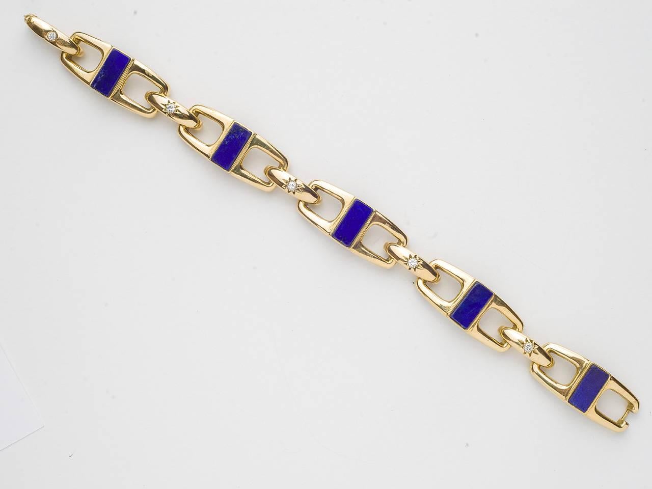 Brilliant Cut 1970s Van Cleef & Arpels Lapis Lazuli Diamond Gold Link Bracelet