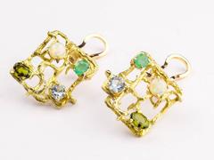 1970s Multi Gem gold Necklace Earring Set
