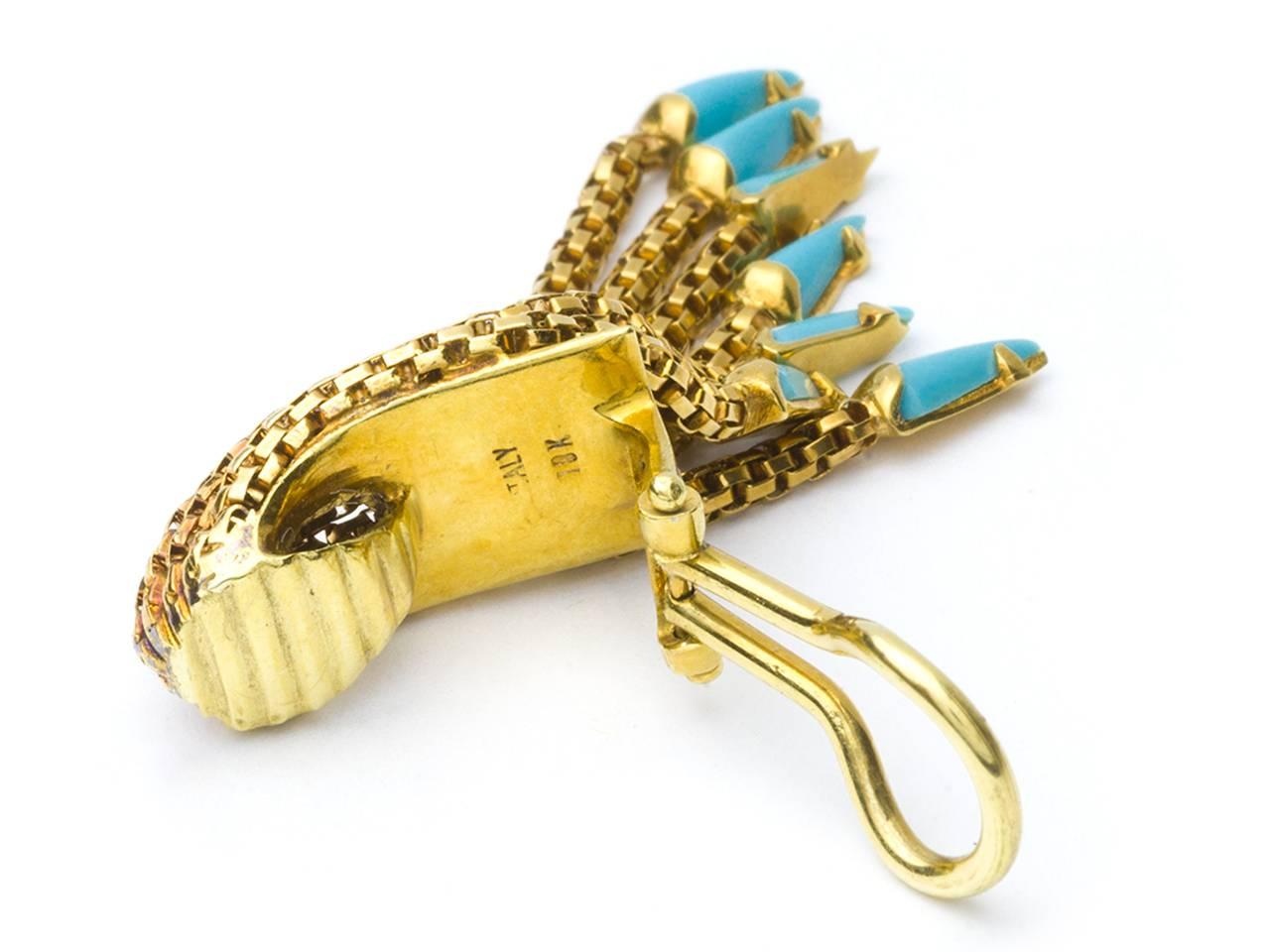 18k gold fringe earpendants set with turquoise drops. signed ITALY 18KT.