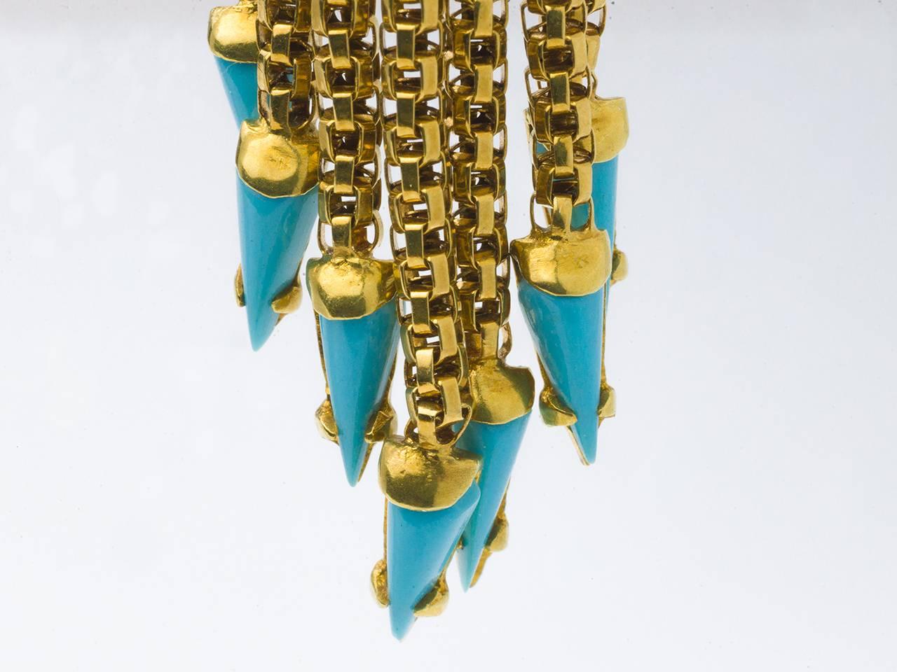 Turquoise and Gold Fringe Earpendants In Excellent Condition In San Antonio, TX