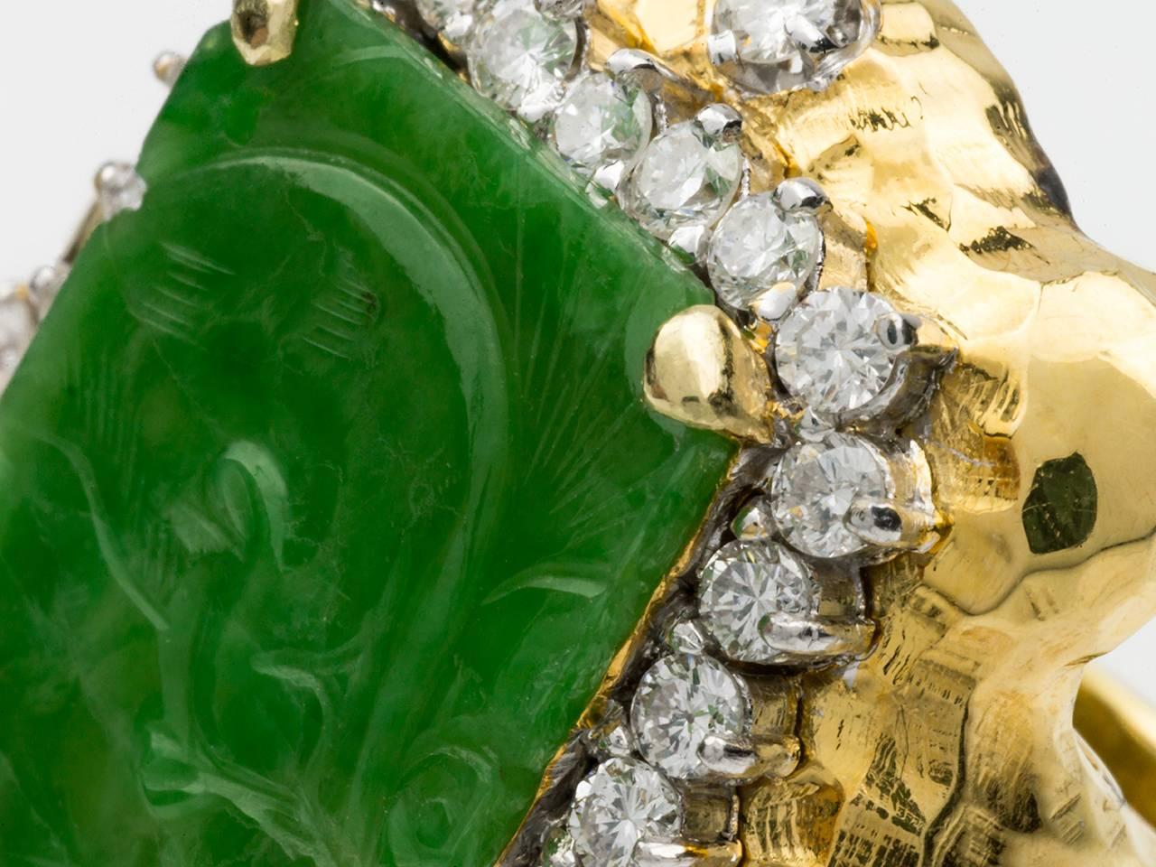 Brilliant Cut Carved Jade  Diamond Gold Ring