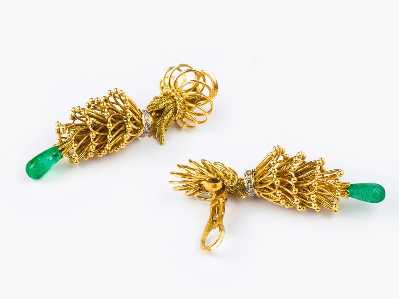 18k gold fring andtassel earpendants with diamond accents. French marks