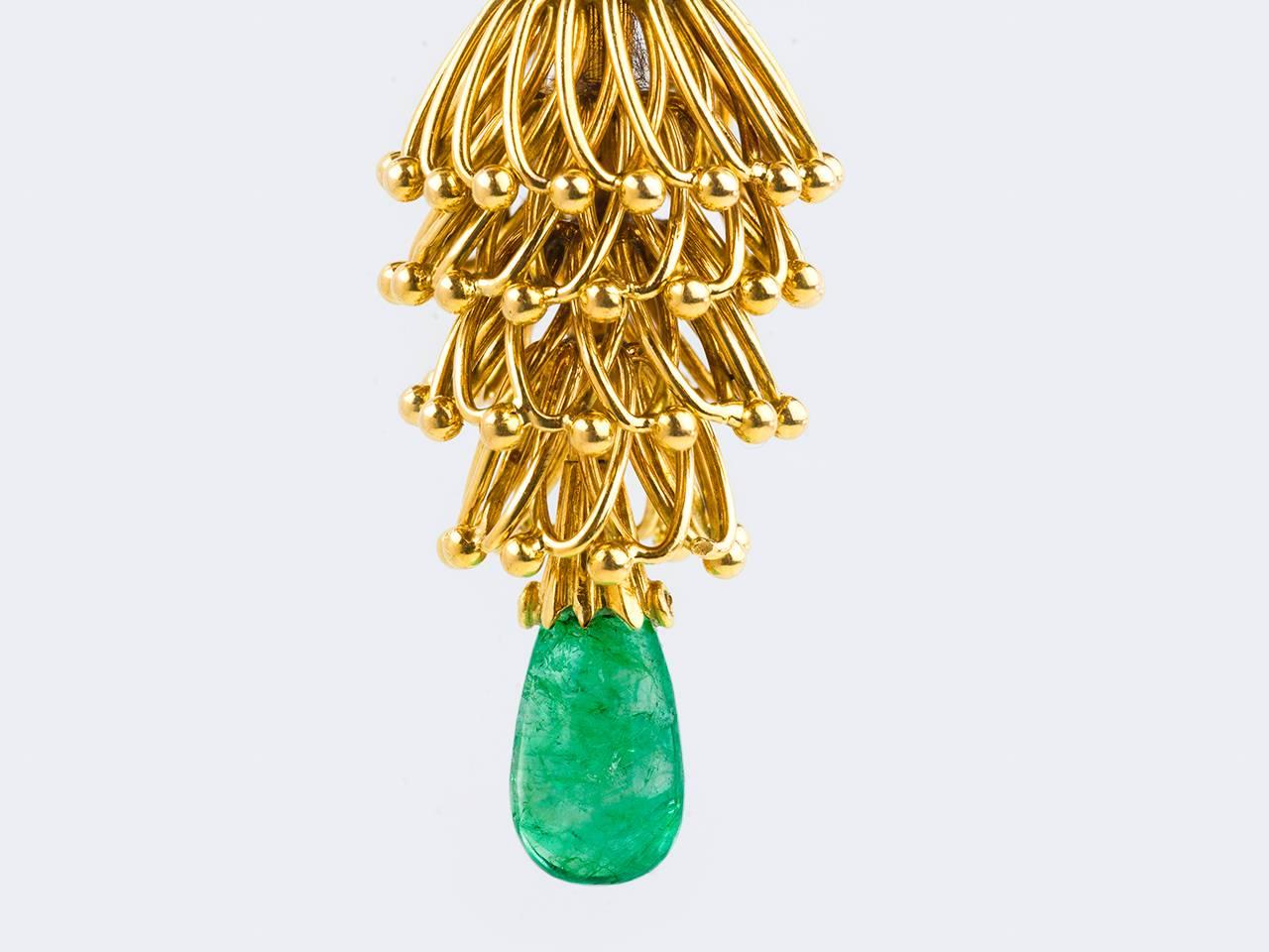 1950s French Emerald Diamond Gold Tassel Earpendants 1
