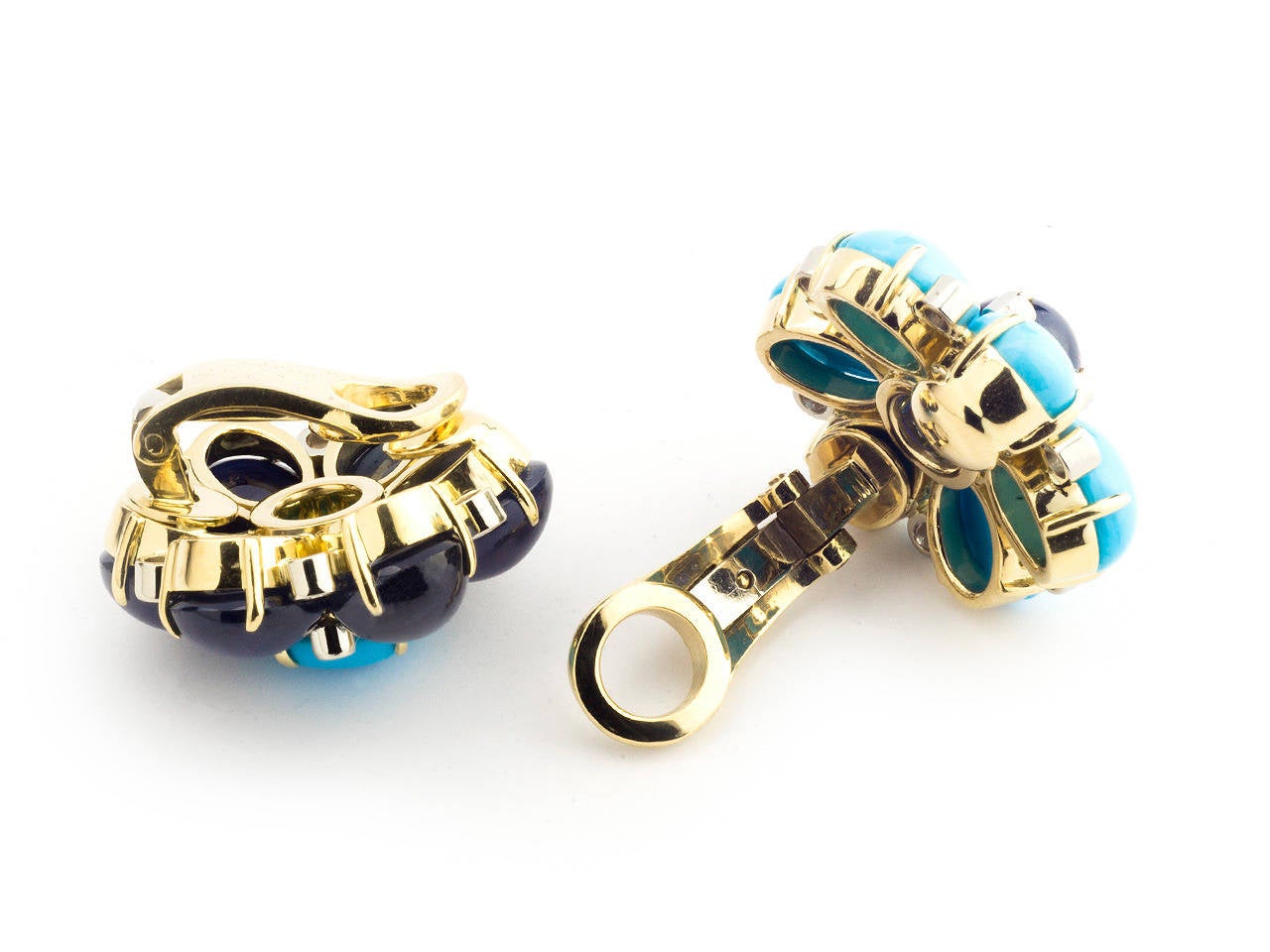 18k gold earclips set with turquoise and unheated sapphire cabochons, accented by diamonds. Sapphire weights approximately 30 carats. Signed Aletto Bros. USA.