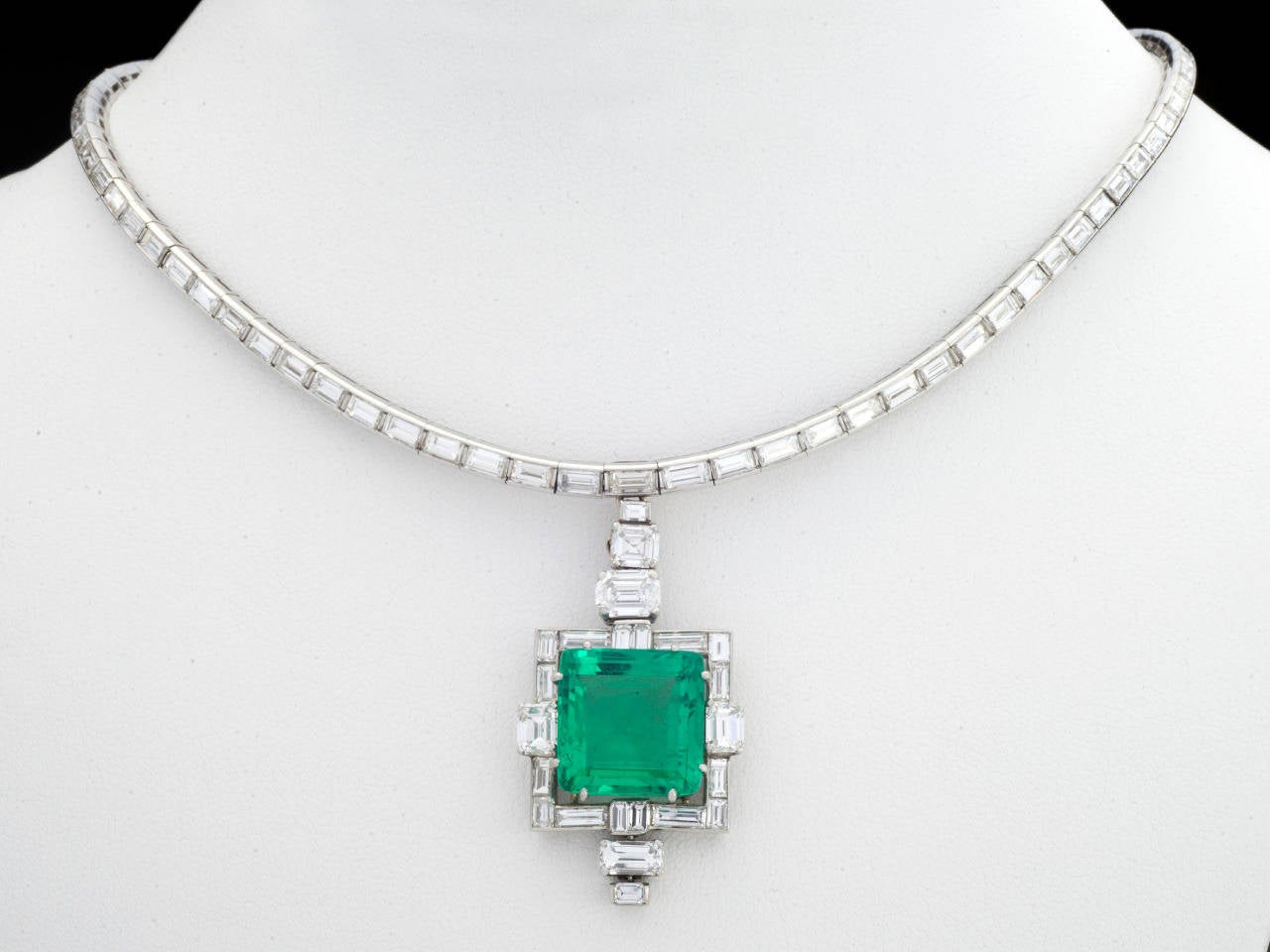 Women's Art Deco Emerald Diamond Platinum Line Necklace