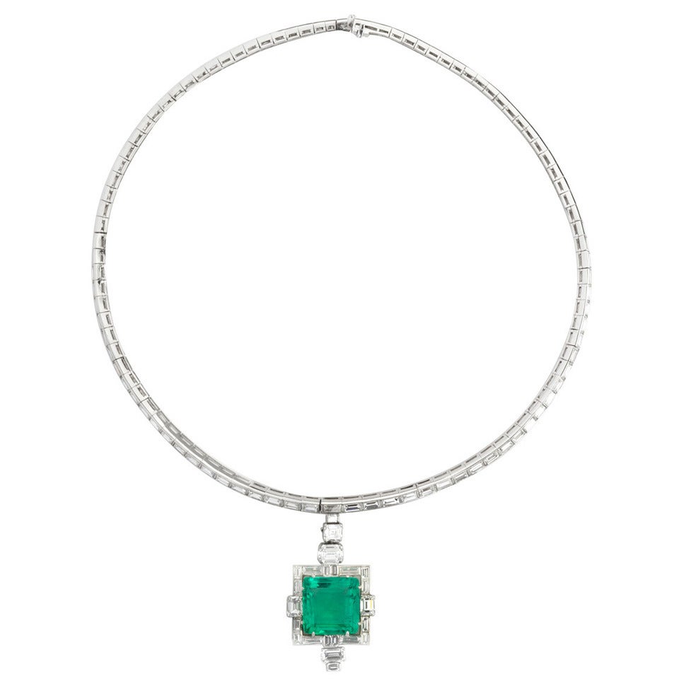Art Deco Emerald Diamond Platinum Line Necklace at 1stDibs