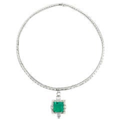 Art Deco Emerald Diamond Platinum Line Necklace