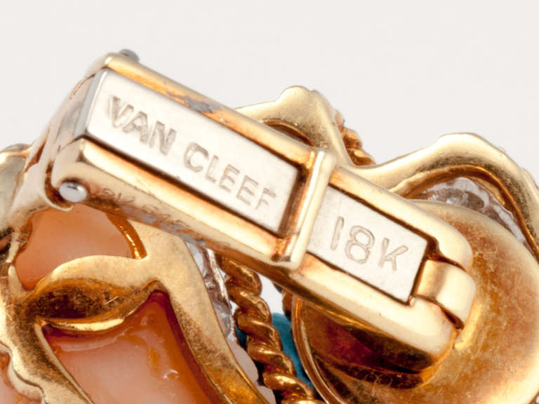 Van Cleef & Arpels Coral  Diamond Gold Earclips In Excellent Condition In San Antonio, TX