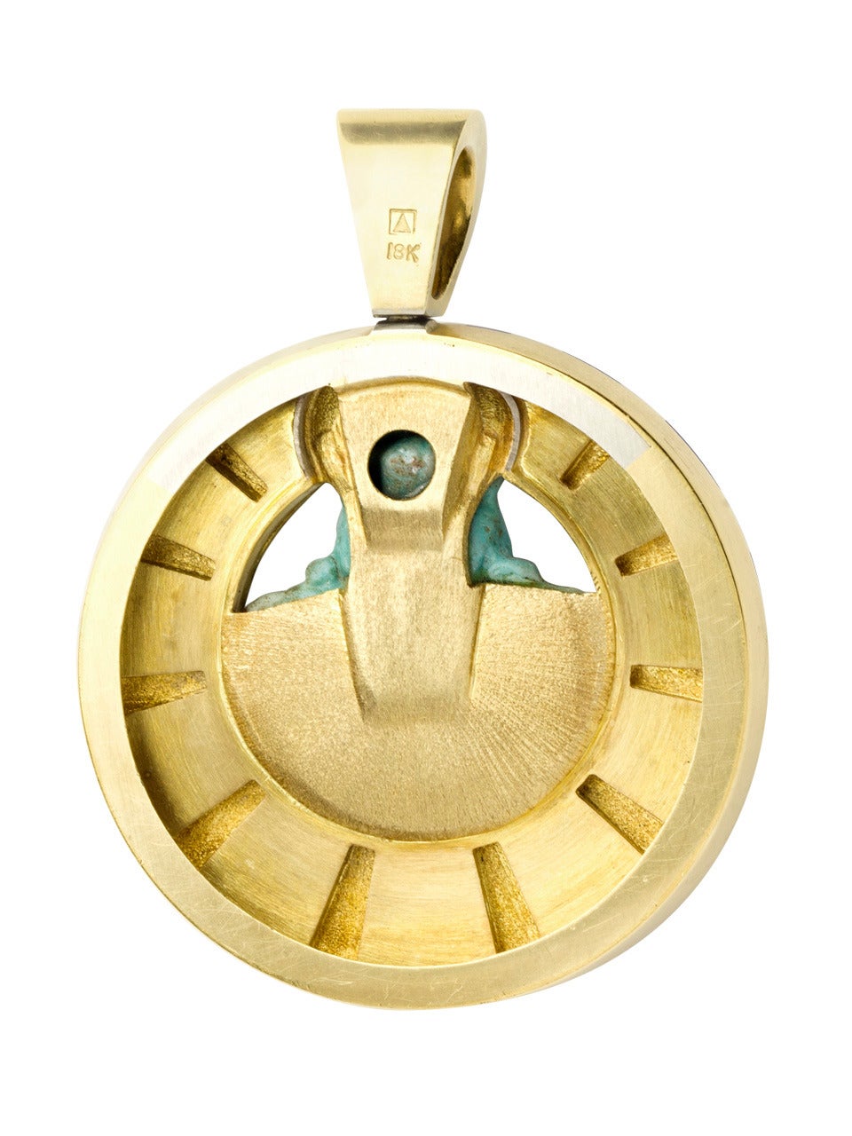 18kt gold pendant inlaid with lapis stripes, surrounding an antique Egyptian faience piece. Marked 18K and maker's mark.