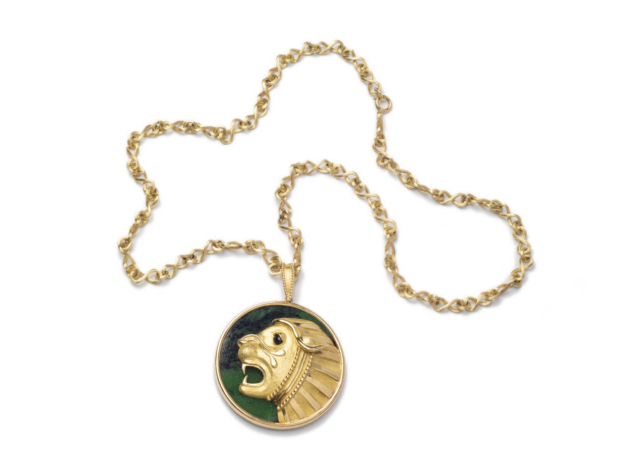 18 K gold pendant necklace. Pendant has malachite plaque with stylized gold lion in high relief, suspended from 24 inch 18k gold link chain. Signed, MAUBOUSSIN PARIS 3960, LION 22/7-22/8.