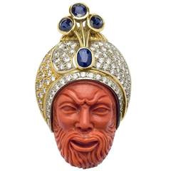 Carved Coral, Diamond and Sapphire Maharaja Brooch