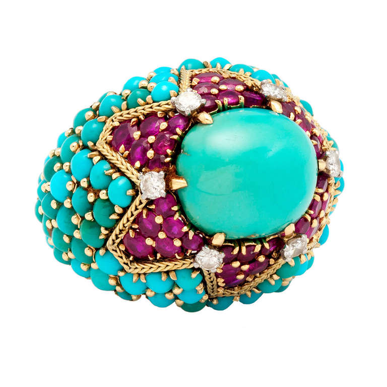 Marchak Paris Magnificent Turquoise Ruby bombe cocktail Ring