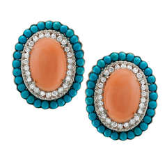 Coral, Turquoise and Diamond Earclips