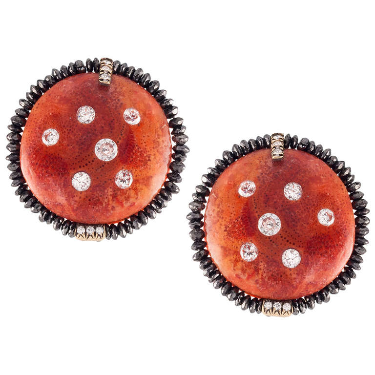 Sponge Coral Ear Clips with Black and White Diamonds