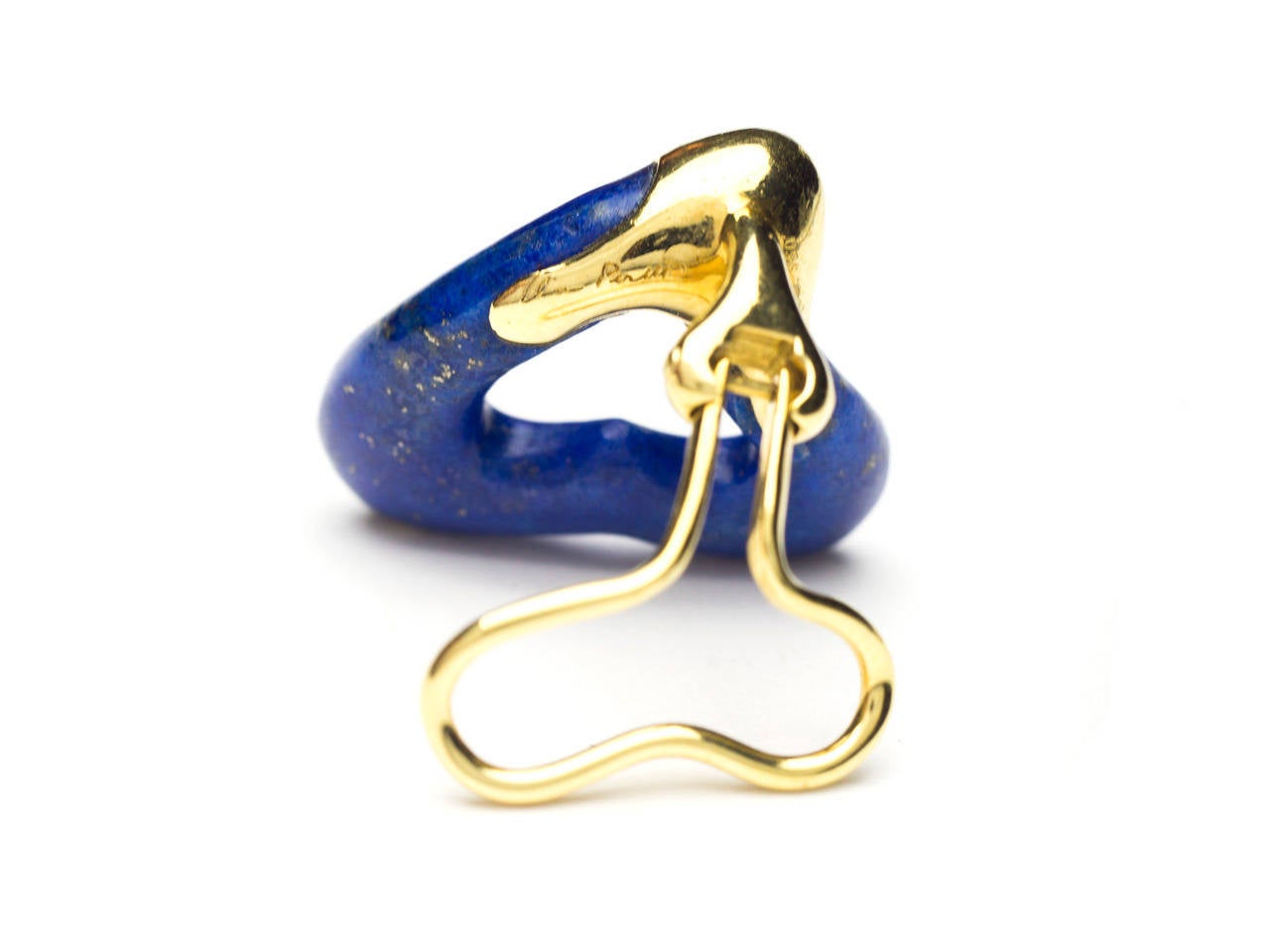 18k gold earclips in a free-form lapis heart design. Signed ELSA PERETTI.