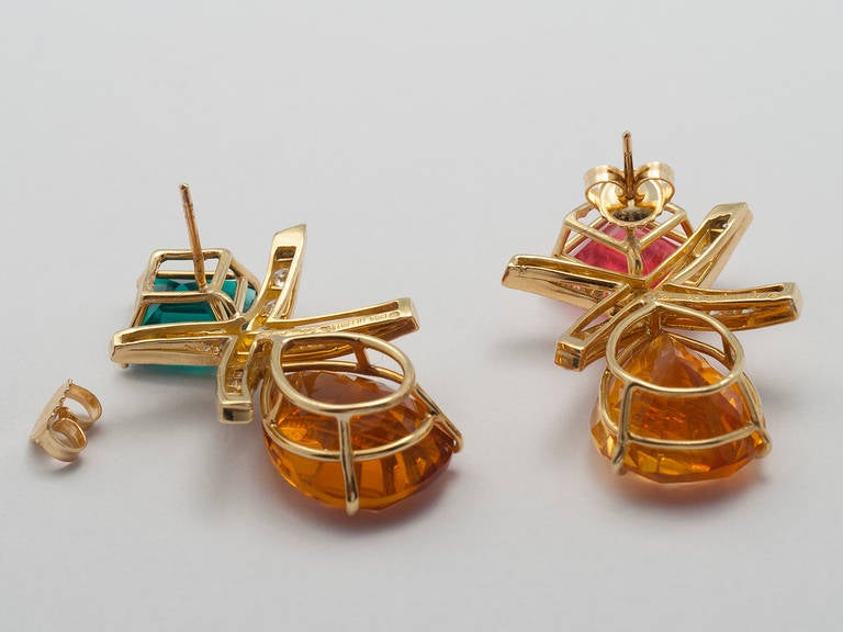 18k gold earpendants, set with citrines, tourmalines, and diamonds. Signed 1984, TIFFANY & CO. PALOMA PICASSO