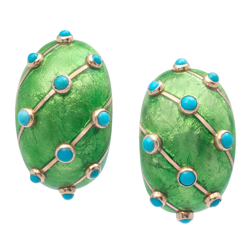 Enamel and Turquoise Earclips