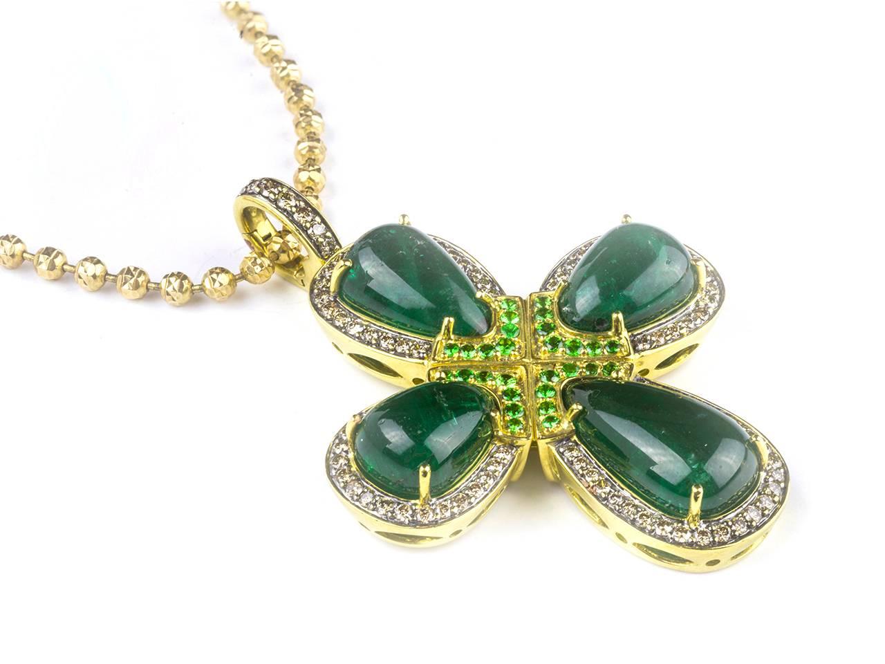 Women's or Men's Emerald Cabochon, Tsavorite Garnet and Colored Diamond Cross Necklace