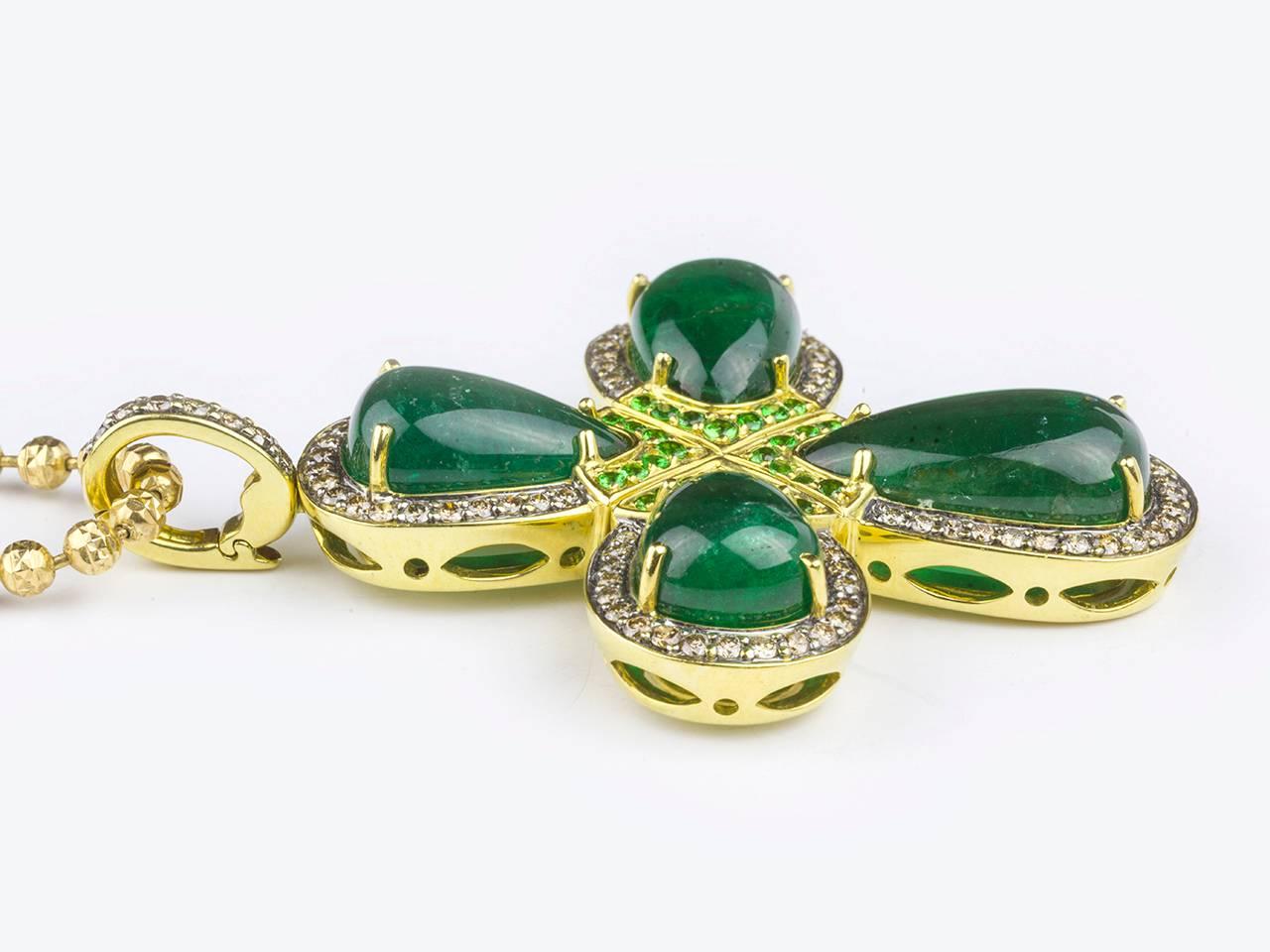 Emerald Cabochon, Tsavorite Garnet and Colored Diamond Cross Necklace 1