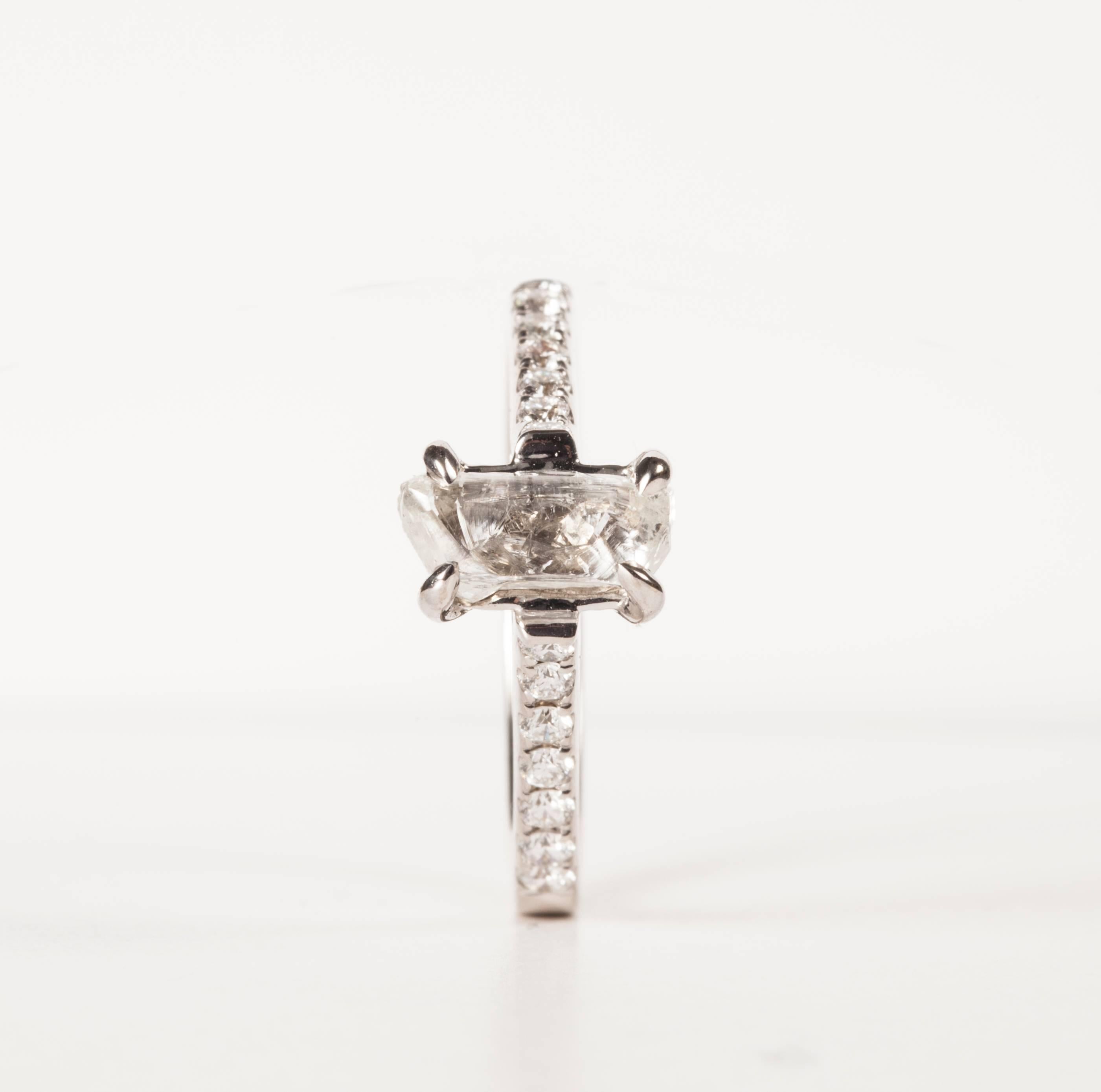 1.28 ct. Natural Whitish Rough diamond & 0.28 ct. TW/VVS Brilliants in 18K handcrafted white gold ring.

Every rough diamond from Roughdiamonds dk has been personally handpicked by Maya Bjørnsten. The diamonds we reject are sent back to be cut into
