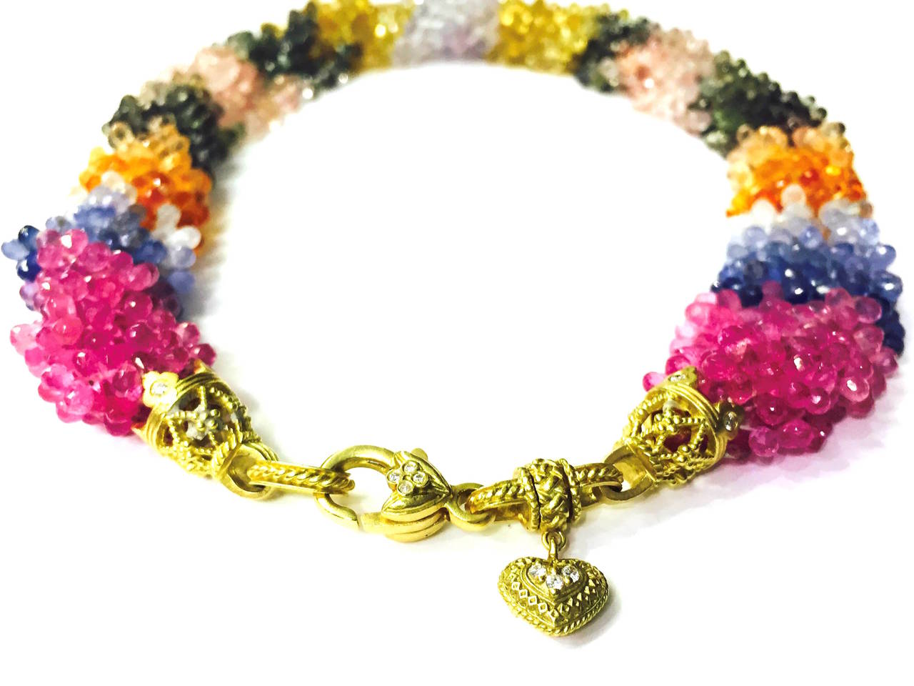 Women's Stambolian Sapphire Bead and Gold Necklace with Two Frosted Gold Hearts