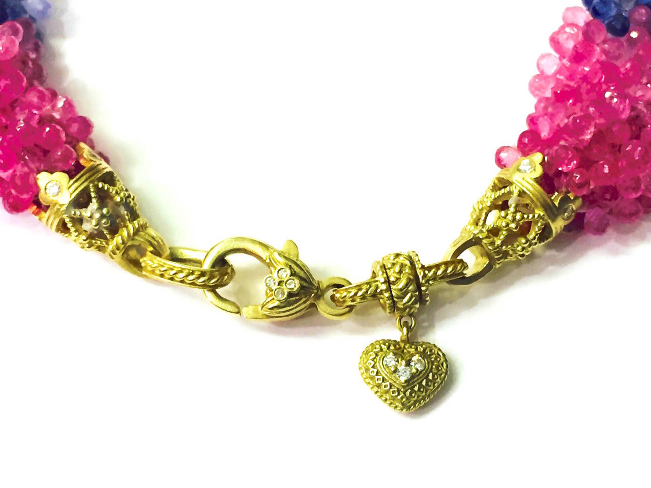 Stambolian Sapphire Bead and Gold Necklace with Two Frosted Gold Hearts In New Condition In Boca Raton, FL