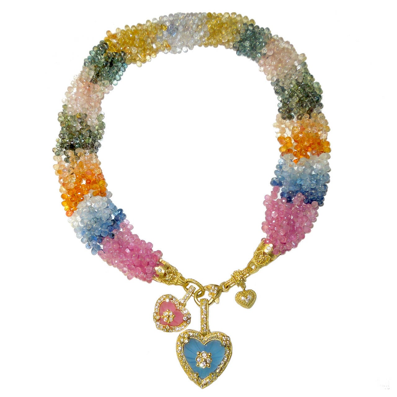 Stambolian Sapphire Bead and Gold Necklace with Two Frosted Gold Hearts