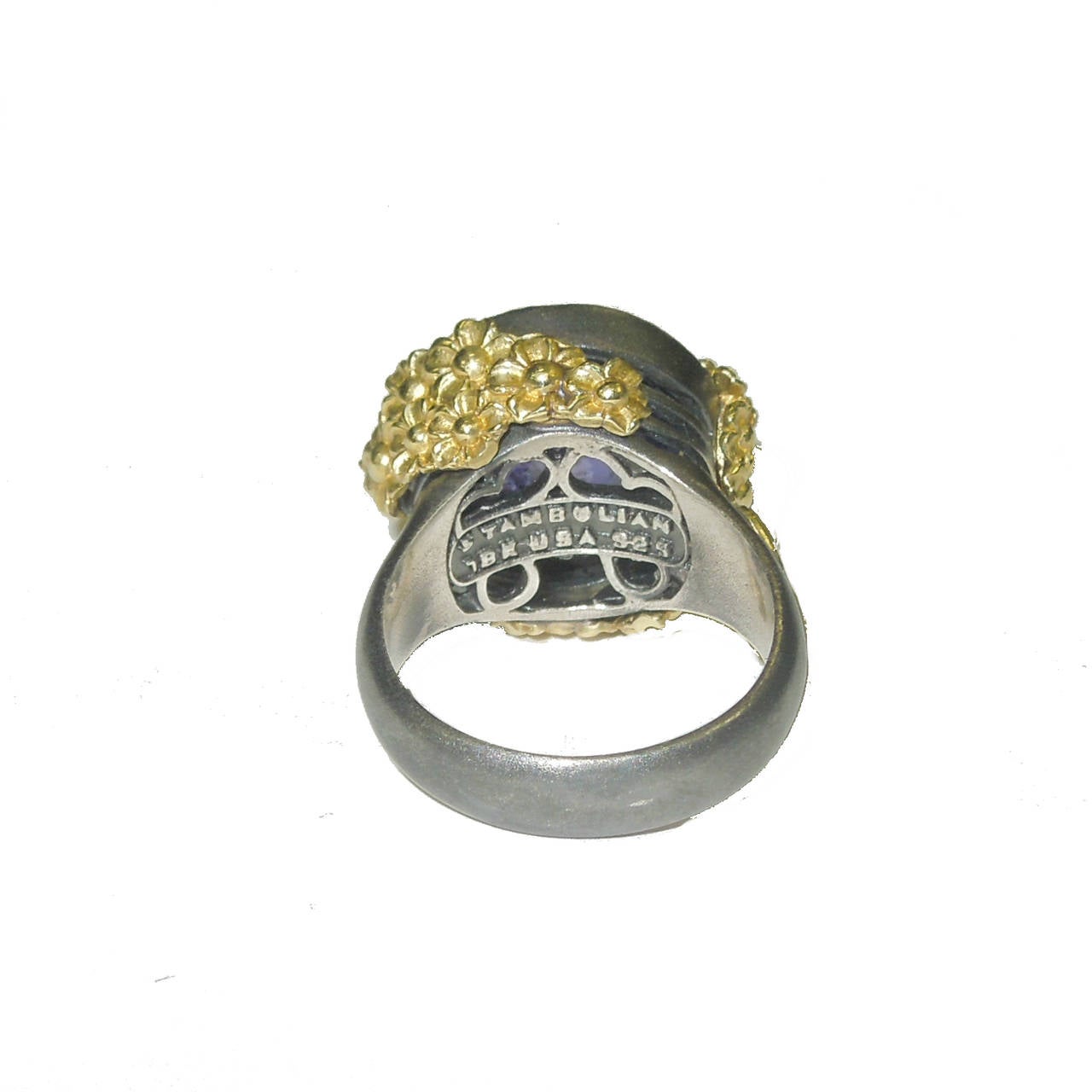 Women's Tanzanite Aged Silver Gold Flower Detail Ring