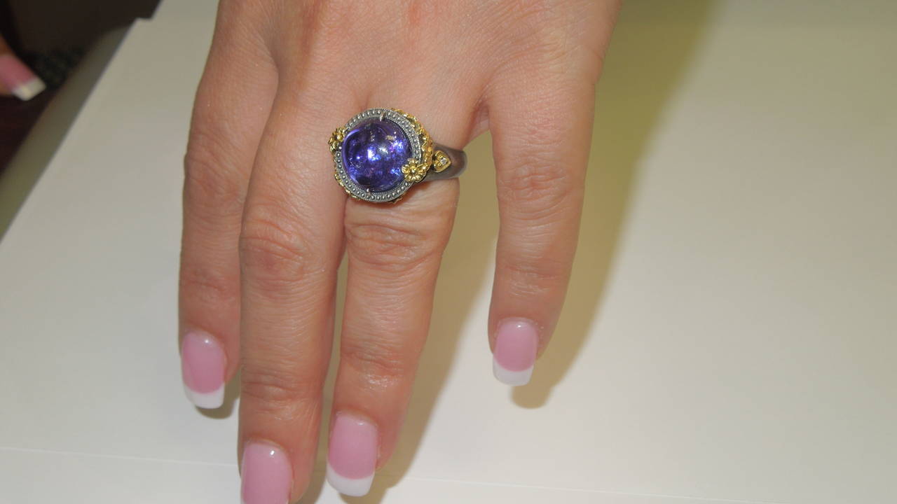 Tanzanite Aged Silver Gold Flower Detail Ring 1