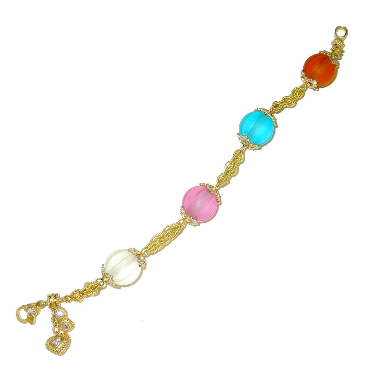 18k Gold Ring with 4 Frosted Multi-Color Quartz bracelet 

Quartz are 13mm each and special-cut & frosted

18K Gold Links make up the bracelet 

3 Gold & Diamond Heart drops are seen next to the lobster clasp, 3 different sizes

Diamond cups