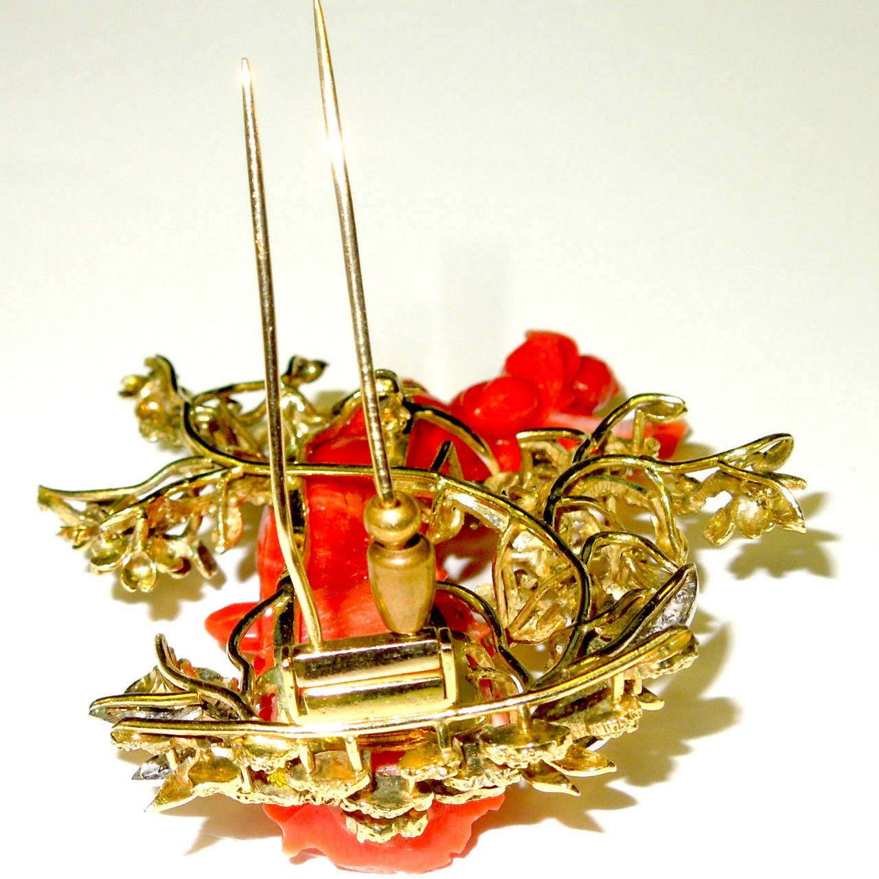 Women's or Men's Antique Coral Diamond Gold Pin