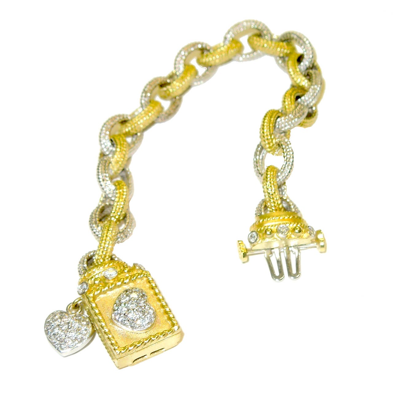 Stambolian Diamond Two Color Gold Heart Link Bracelet For Sale at 1stdibs