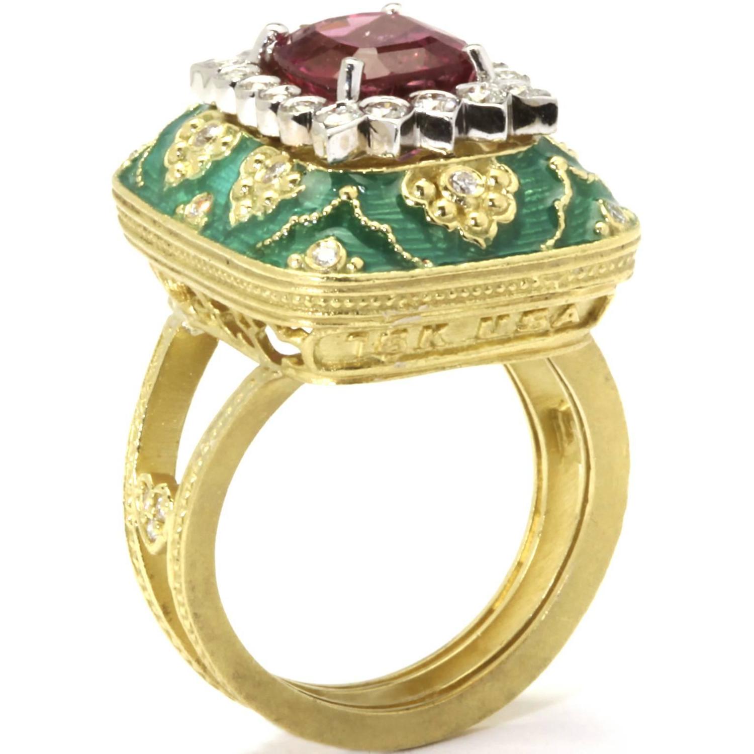 Stambolian Enamel Bubble Gum Pink Tourmaline Diamond Gold Ring For Sale