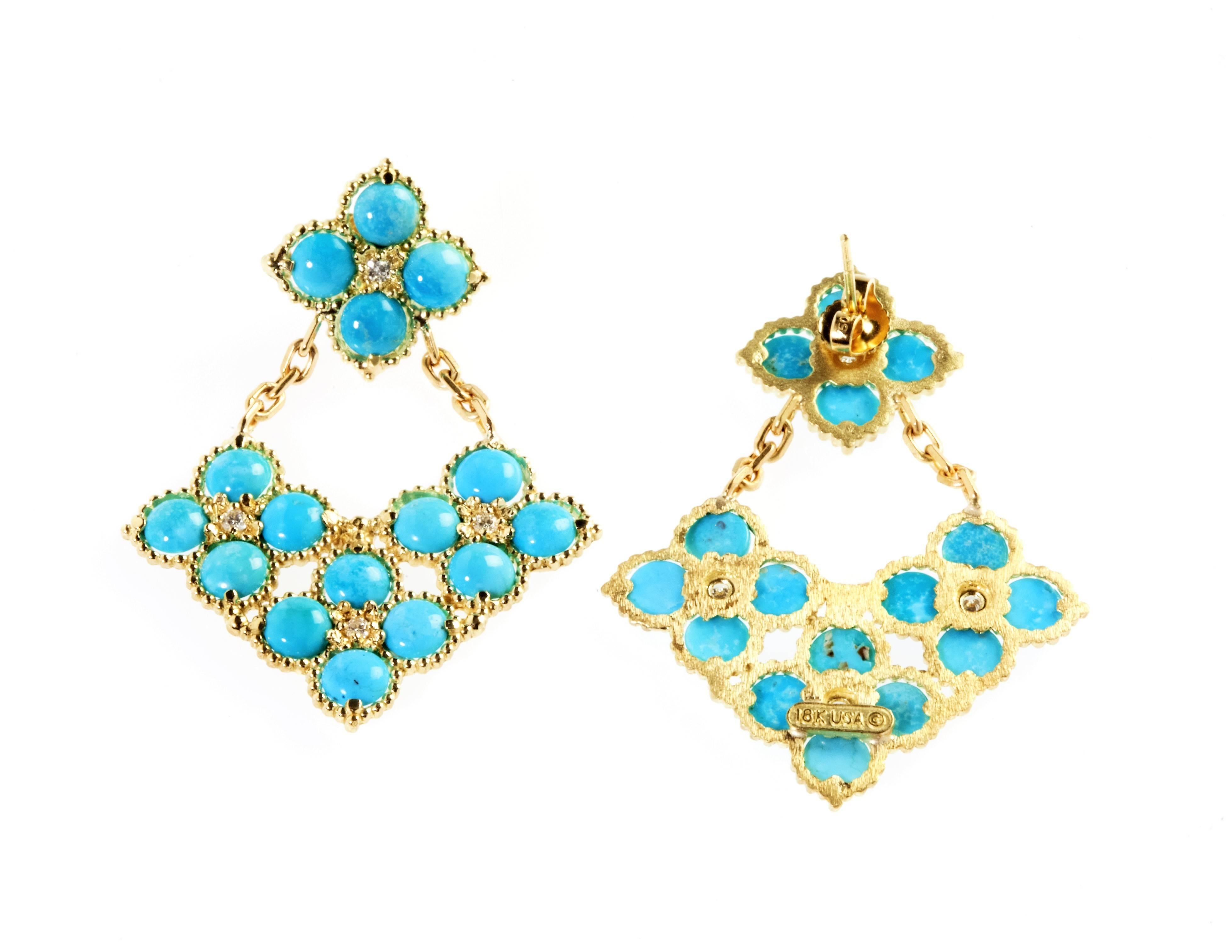 18K Gold Earrings with Sleeping Beauty Turquoise.

Each turquoise is 5mm, 16.00ct. total weight.

0.30ct. G Color VS Quality diamonds set in between each bezel.

1.75 inches lengh. 

Post back.

Signed STAMBOLIAN with our Trademark