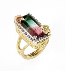 Stambolian Watermelon Tourmaline Tricolor Diamond Gold Ring