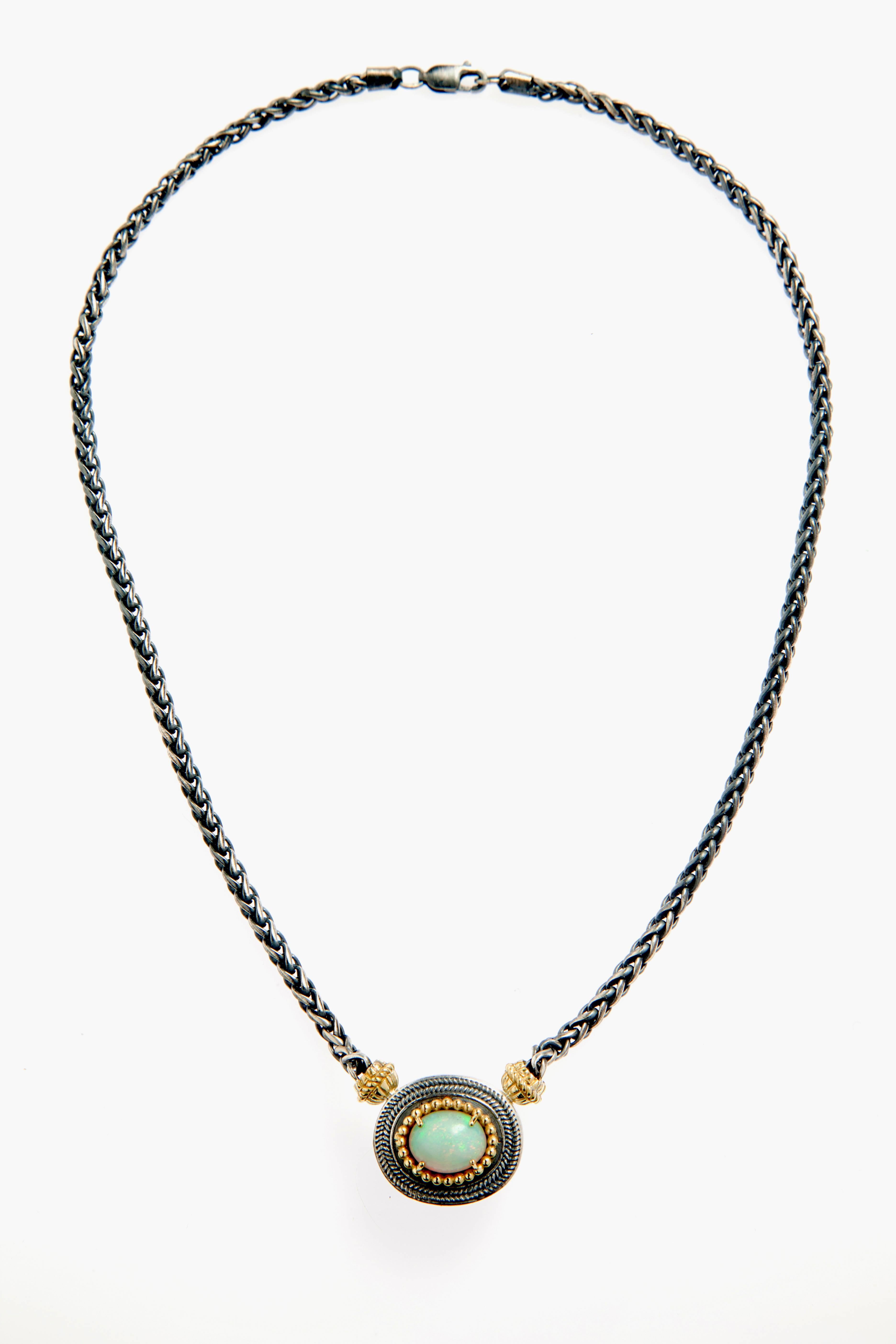 Stambolian Opal Silver Gold Necklace In New Condition In Boca Raton, FL